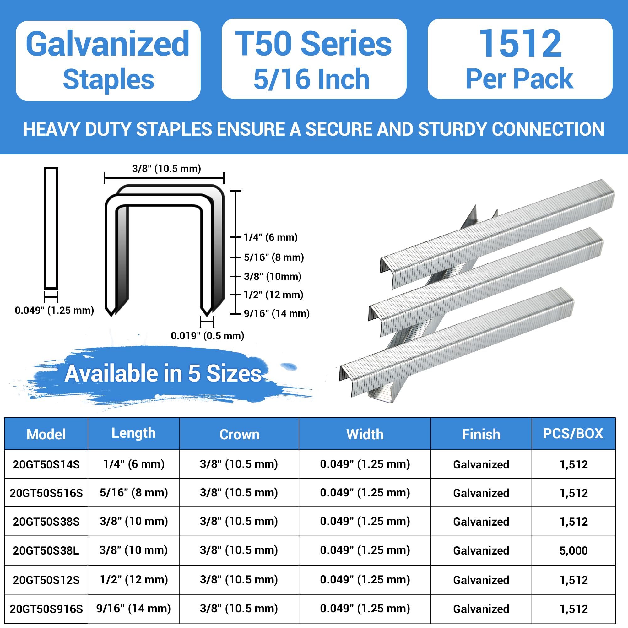 meite T50 Staples, Type 140/8 mm Heavy Duty Staples for Staple Gun 1,512 Counts, Galvanized, 10.5 mm Crown - Image 2