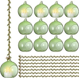 3.15'' Hanging Glass Tealight Holder Globe and 33ft 5mm Natural Jute Twine Ribbon with Artificial Leaves for Crafts, Hanging Glass Terrarium Containers for Wedding Party Tree Decoration