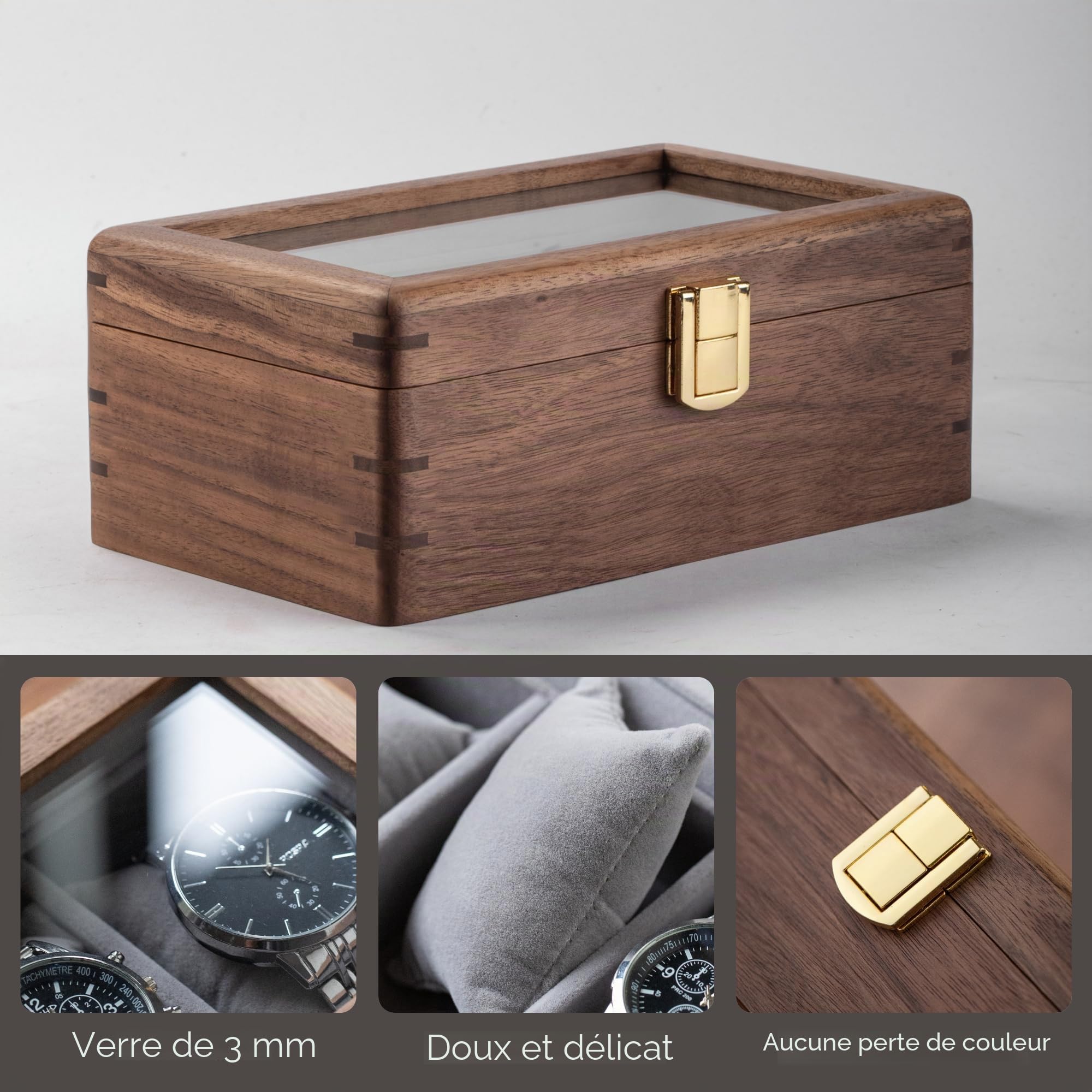 muso wood Boîte à montres en bois de noyer massif d'Amérique du Nord de luxe avec fenêtre en verre et fermeture en métal pour 3 montres 20 x 12 x 9 cm, SN109-D