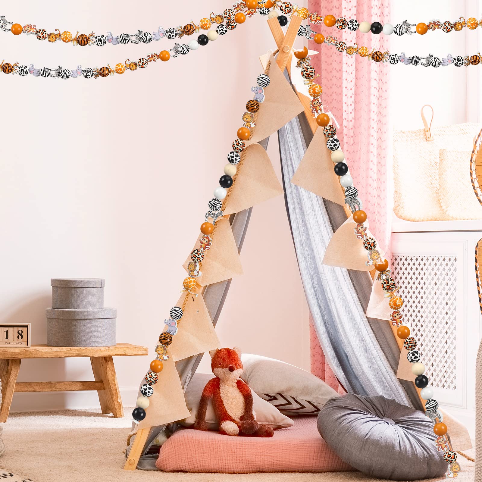 GlikCeil 242 Pcs Cute Jungle Animals Wood Beads Animal Print Beads With Tiger Monkey Lion Giraffe Elephant Zebra Print Pattern Spacer Loose Beads Wildlife Craft Jewelry Making For DIY Home Party