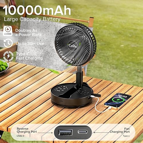 Miniatura 5 de Ventilador portátil F9, batería recargable de 10000 mAh para viajes, dormir, camping, dormitorio, al aire libre, ventilador de escritorio