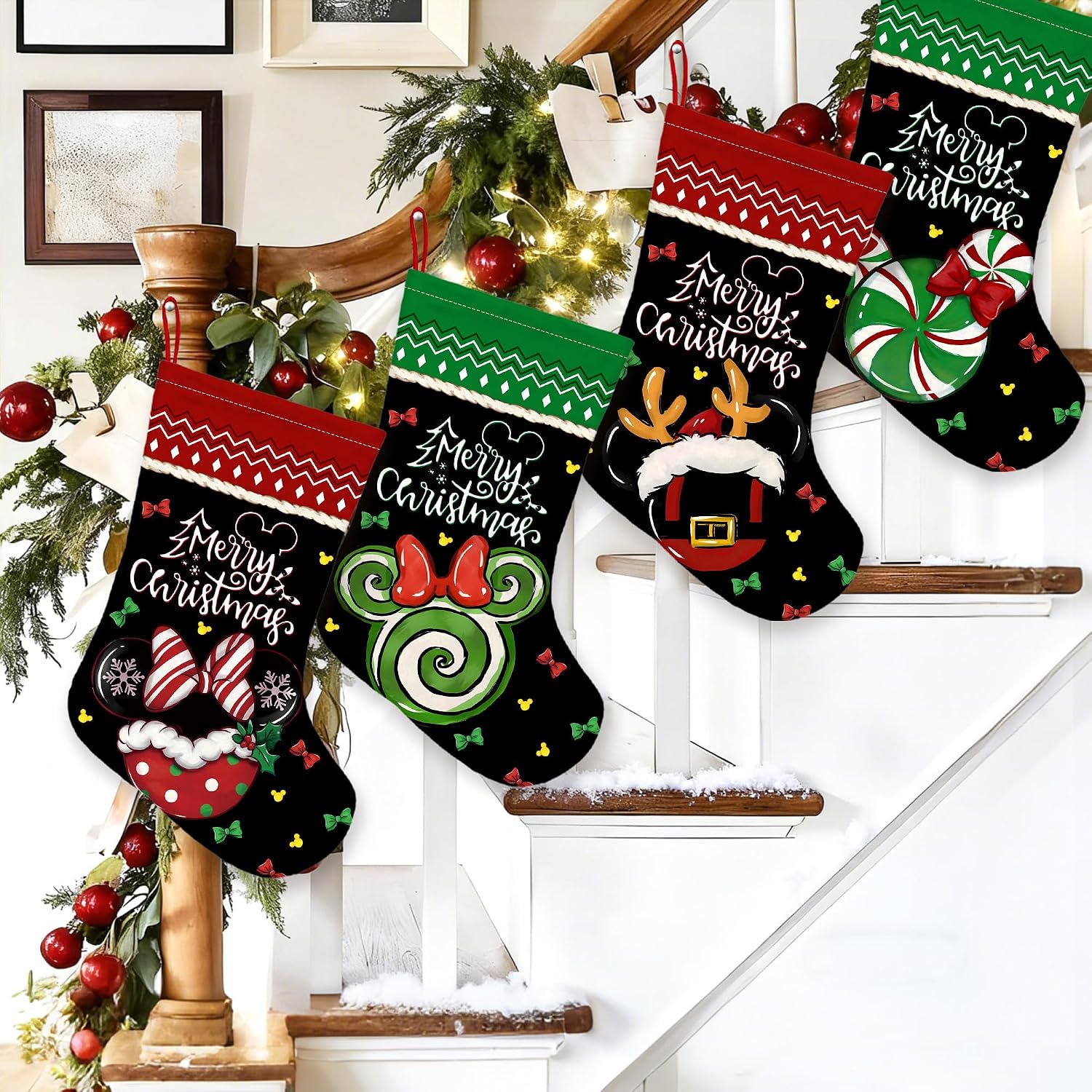 4 Pack Christmas Stockings Catroon Mouse Large Xmas Stocking kit Winter Seasonal Bag Tree Fireplace Decor Merry Christmas Stockings for Home Party Decorations