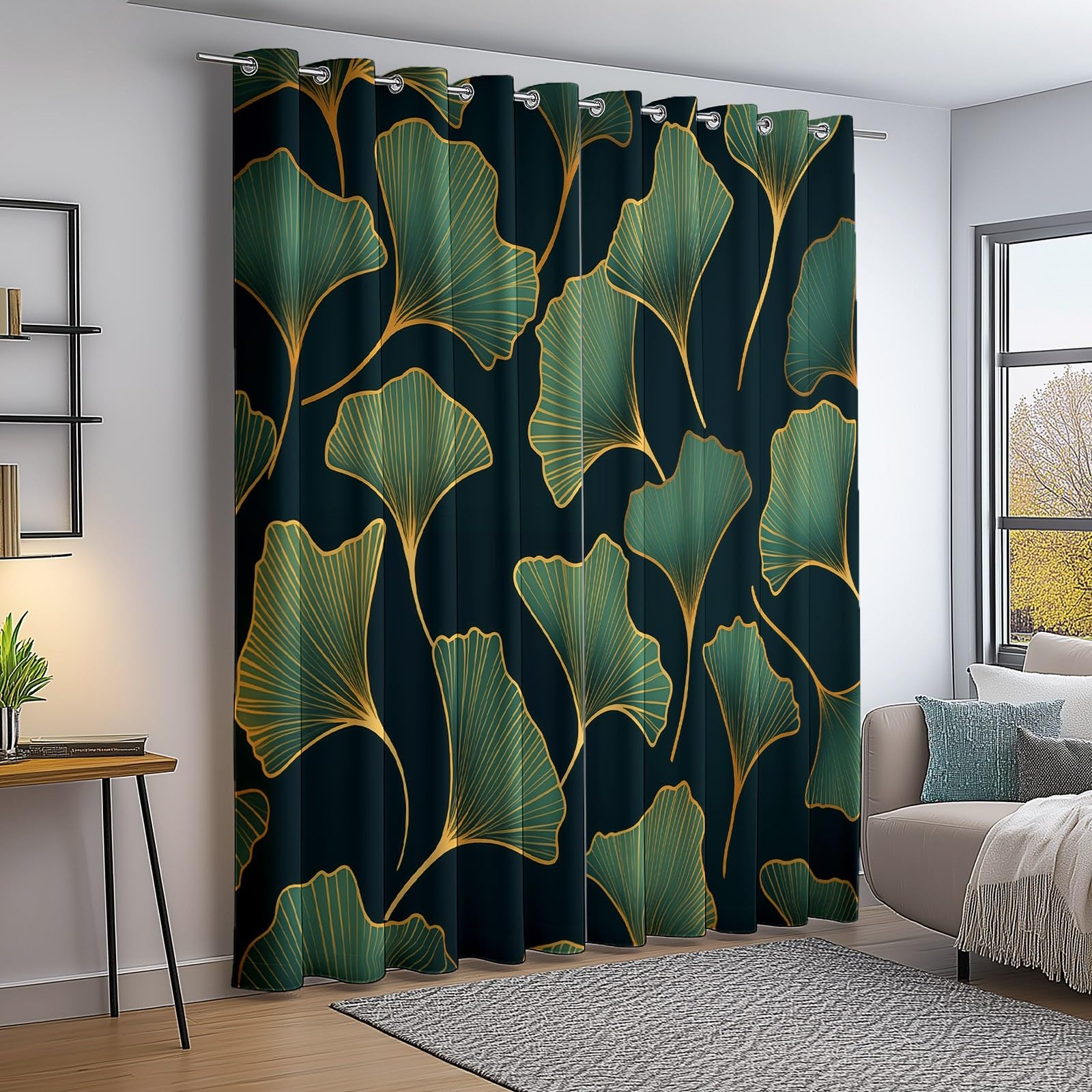 Verde Nero Tenda Oscurante 117L X 183H cm (2 Pannelli) Tende Oscuranti Termiche con Occhielli, Minimalismo Linee Piante Foglie Di Ginkgo Tenda Opaca Stampate per Camera Soggiorno