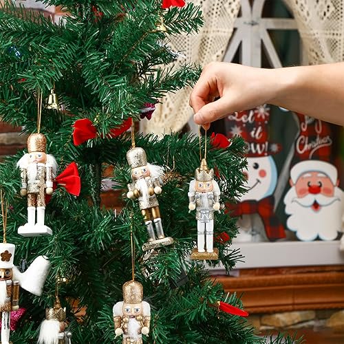 Miniatura 5 de 10 adornos navideños de cascanueces de madera, decoraciones colgantes de cascanueces de 5 pulgadas de alto, figuras de cascanueces de Navidad,