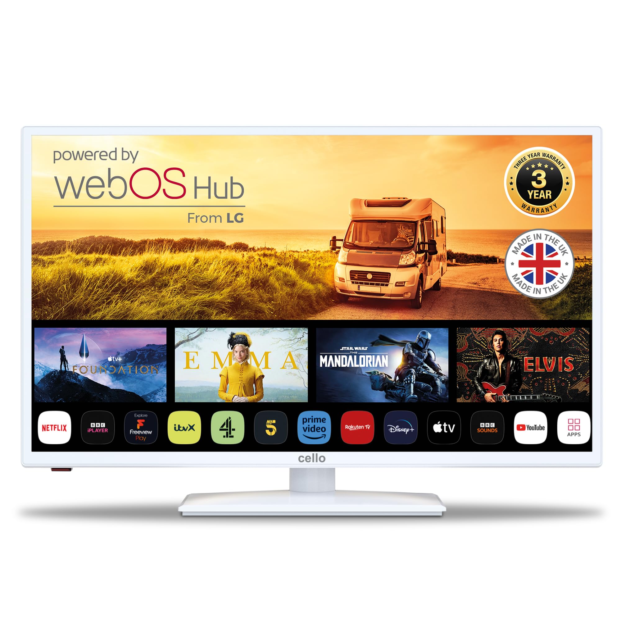 Cello White 12 Volt 32 Zoll Traveller Smart TV, ultraschnelles WebOS, Bluetooth, Netflix, Apple TV und DAZN für Wohnmobile, Wohnwagen und LKW