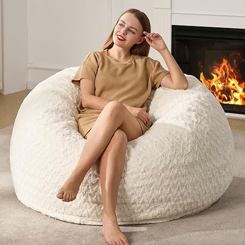 Hobestluk 4ft Bean Bag Chairs for Adults Large Beanbag Chair with Chevron Plush Fur Cover Big Bean Bag Chair for Living Room Bedroom Dorm Office - White (44” x 44” x 24”) - 4FT - 44” x 44” x 24” - White