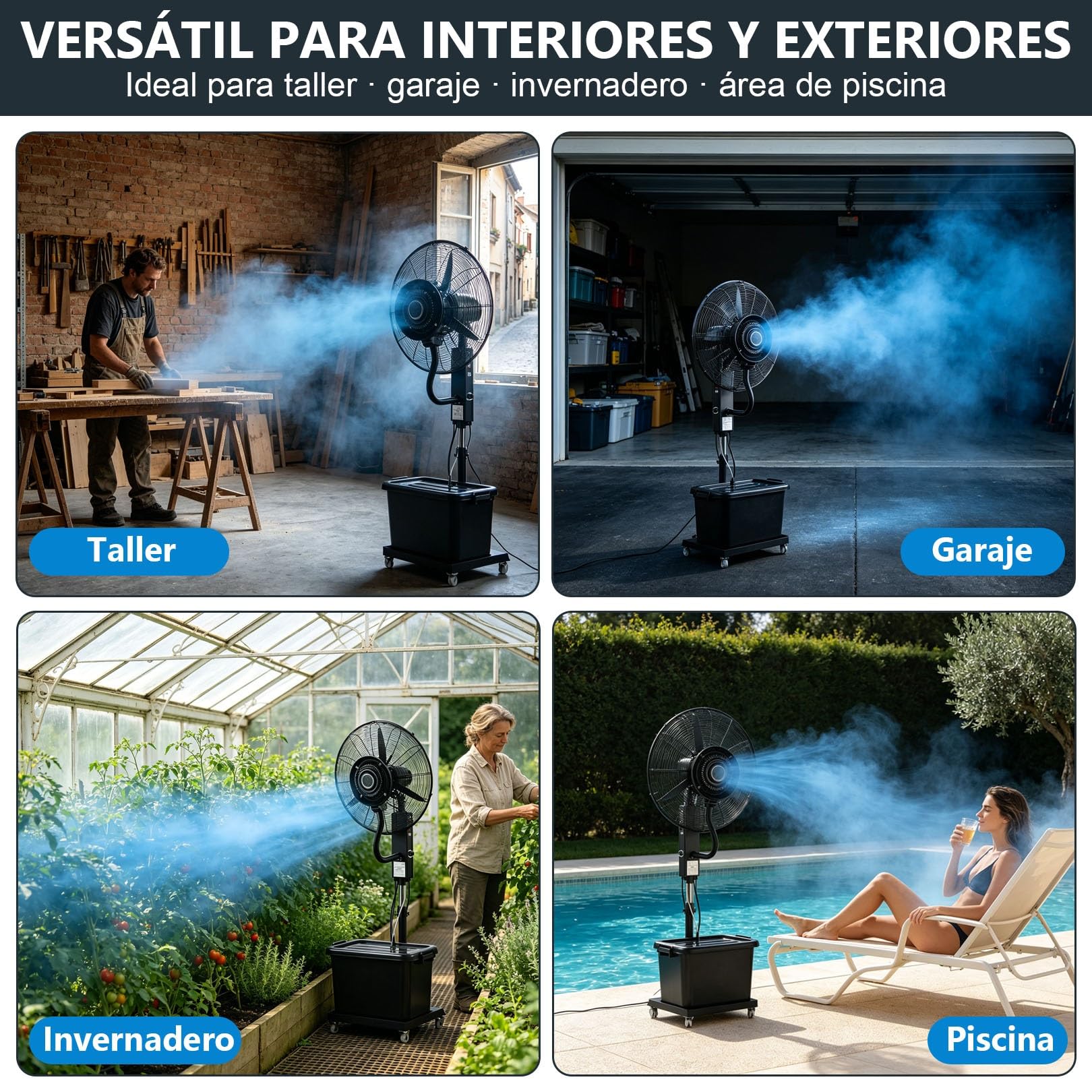 Ventilador Nebulizador 42L, Alta Velocidad Industrial con 3 Velocidades y Valor de Niebla Ajustable, Oscilación 90°, Altura Regulable 160‑200cm, para Refrigeración Exterior en Patio, Taller(71cm/28in)