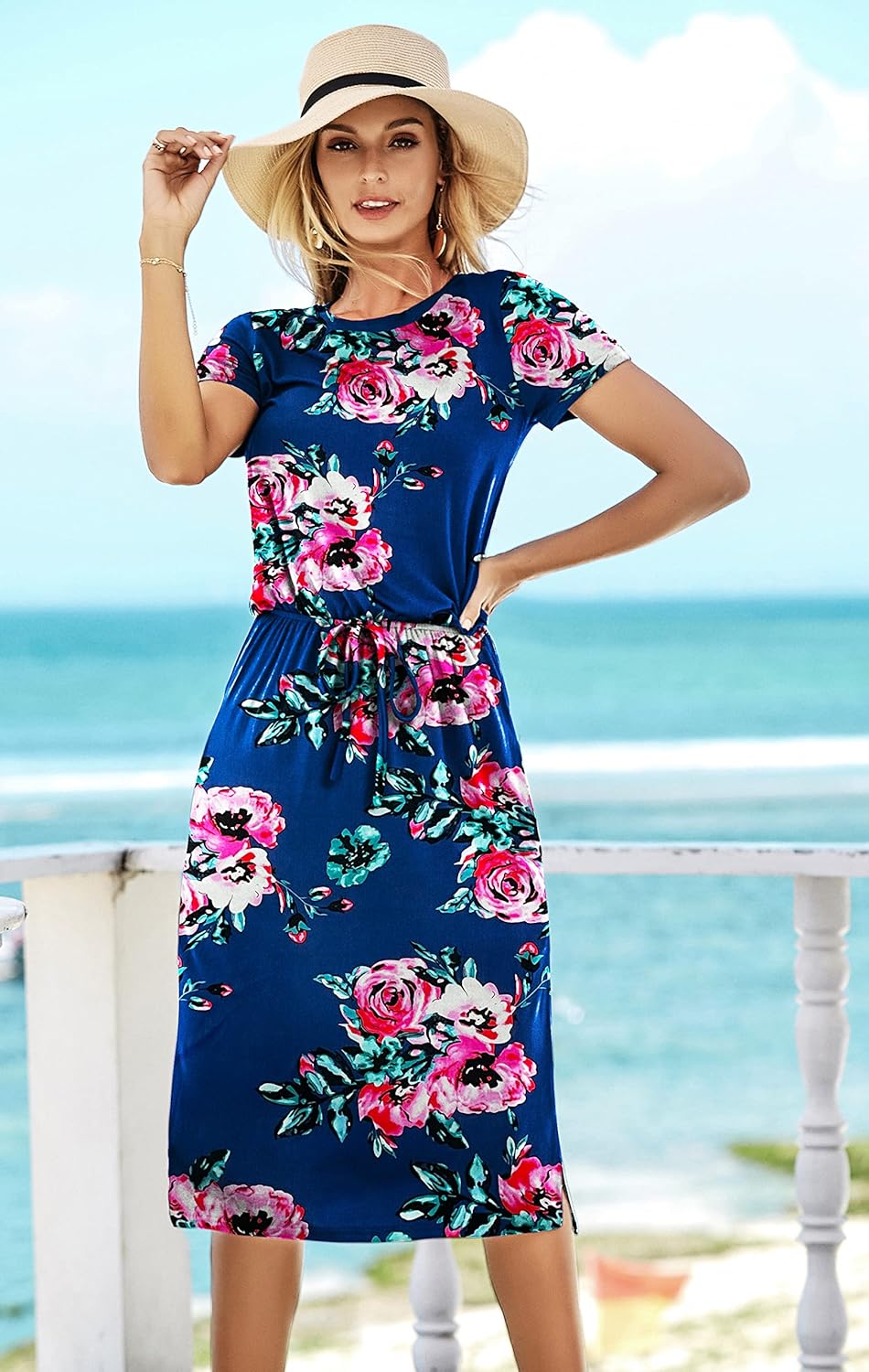 Womens Summer Knit Cinched Waist Church Travel Casual Midi Dress Floral Blue S