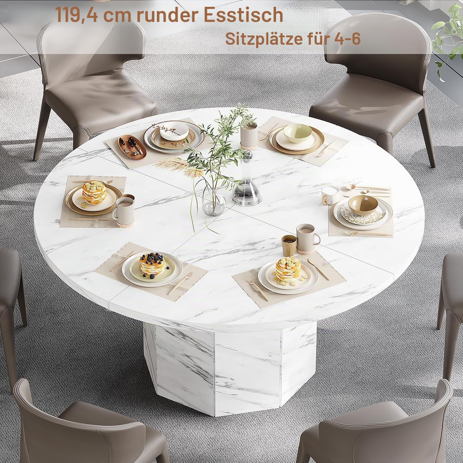 HSH Runder Esstisch Weiß Küchentisch für 4 bis 6 Personen Esszimmertisch Holz mit Marmor Optik Modern Design Tisch mit Achteckiger Basis für Esszimmer Weiß 120 cm