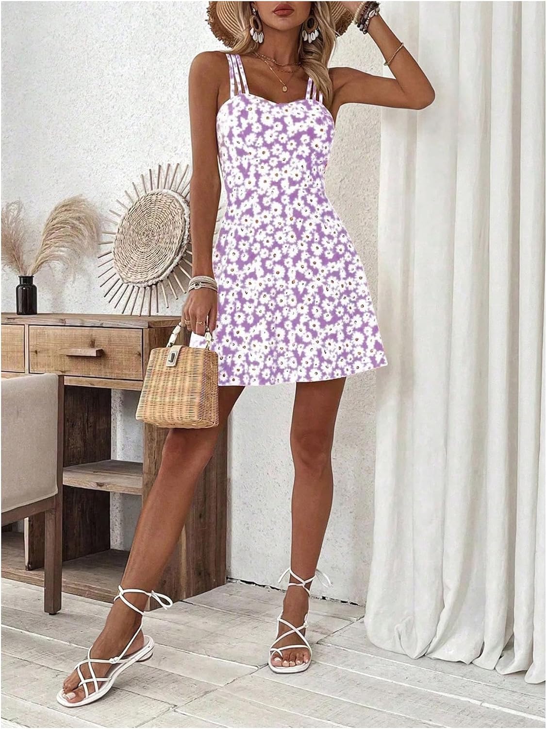 SOLY HUX Women's Floral Print Cami Dress Spaghetti Strap A Line Flowy Summer Mini Dresses Sundress - Image 5