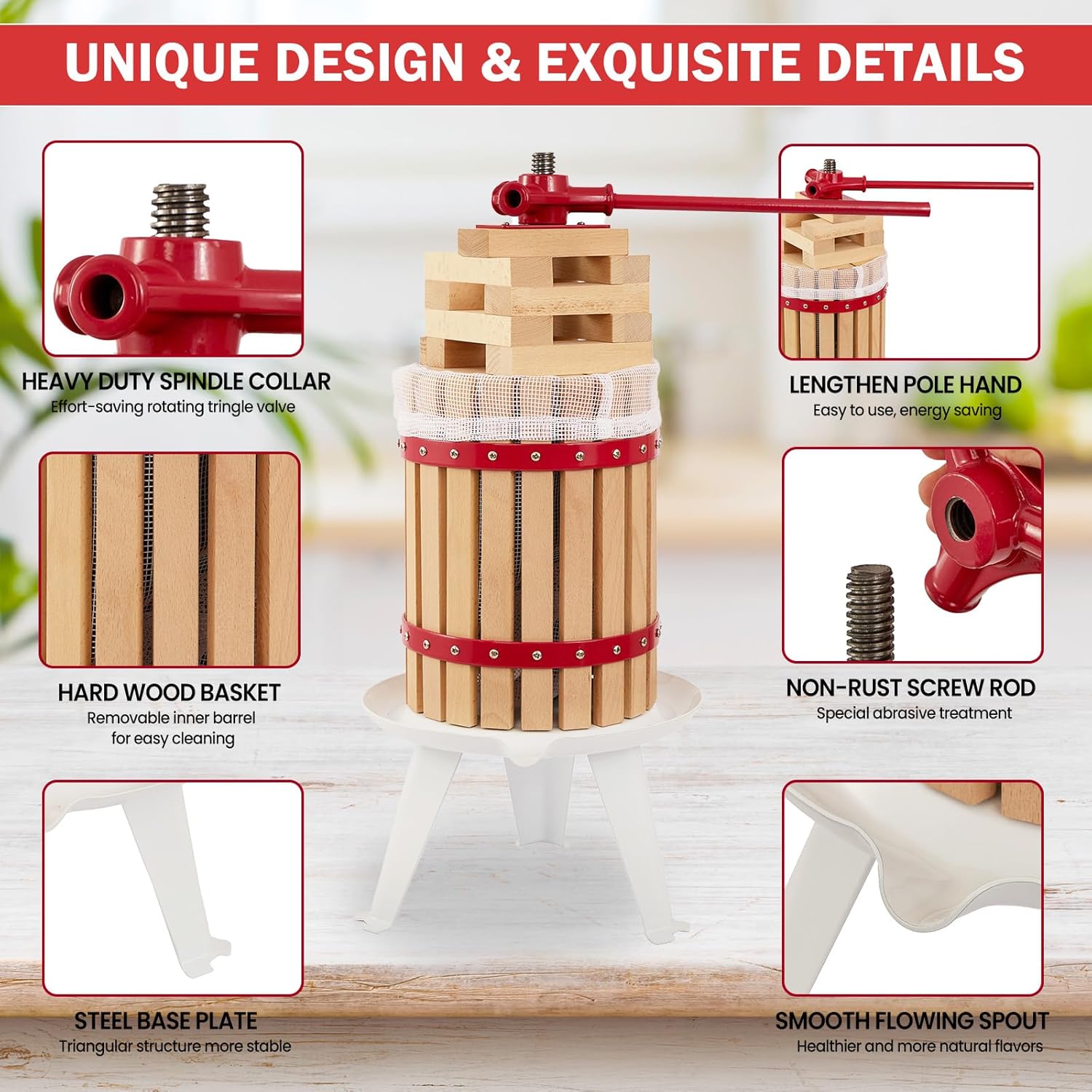 CAELUM Fruit Wine Press 4.75 Gallon, Apple & Grape & Berries Crusher Manual Juicer, 18 Liter Solid Wood Basket with 8 Blocks, Heavy Duty Cider Wine Making Press for Kitchen（Red）
