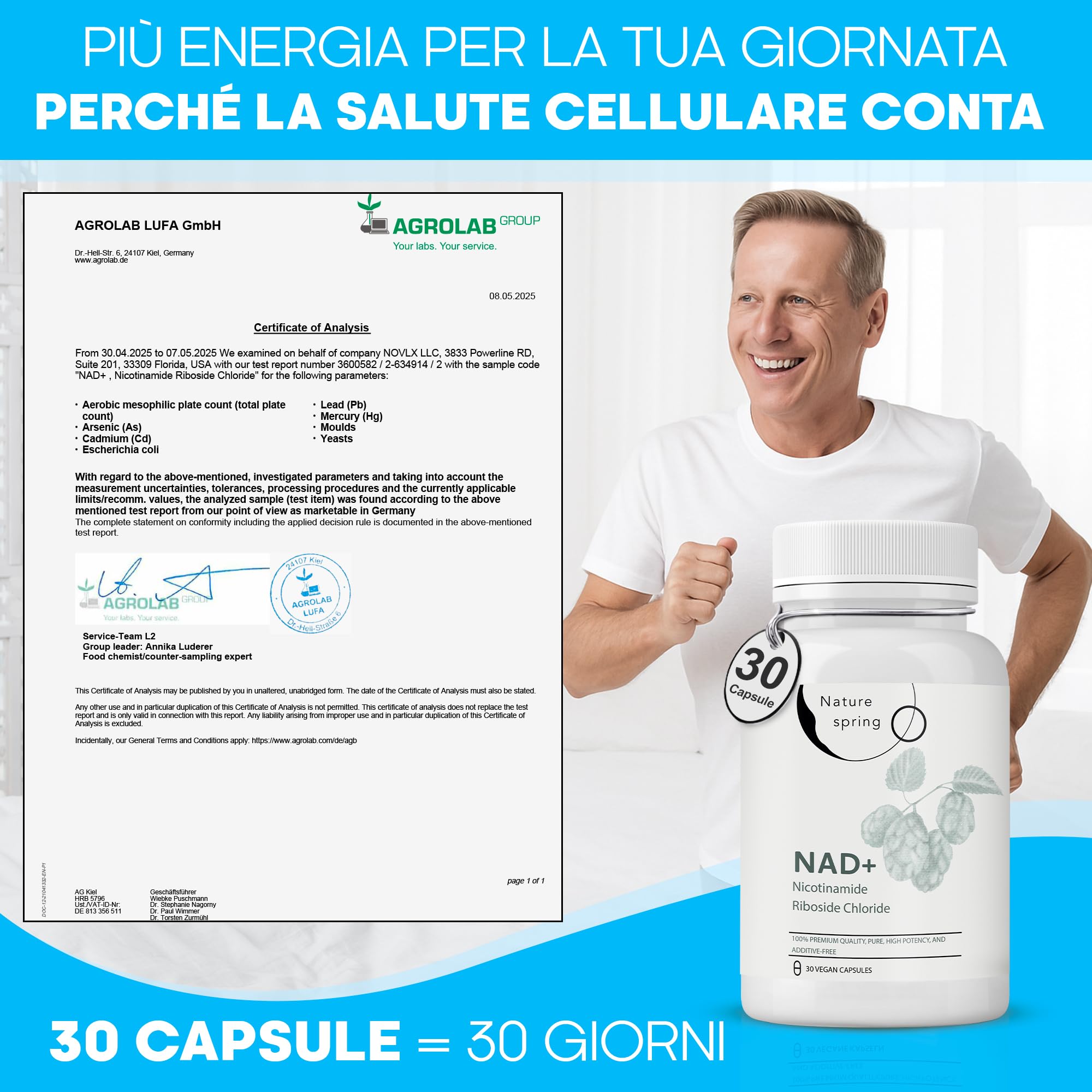 Nad Integratore Nicotinamide Riboside - 1.5 Mesi, 30 Capsule, 300mg per Capsula, Nad Nicotinamide Riboside 300 mg - Testato in laboratorio in Germania