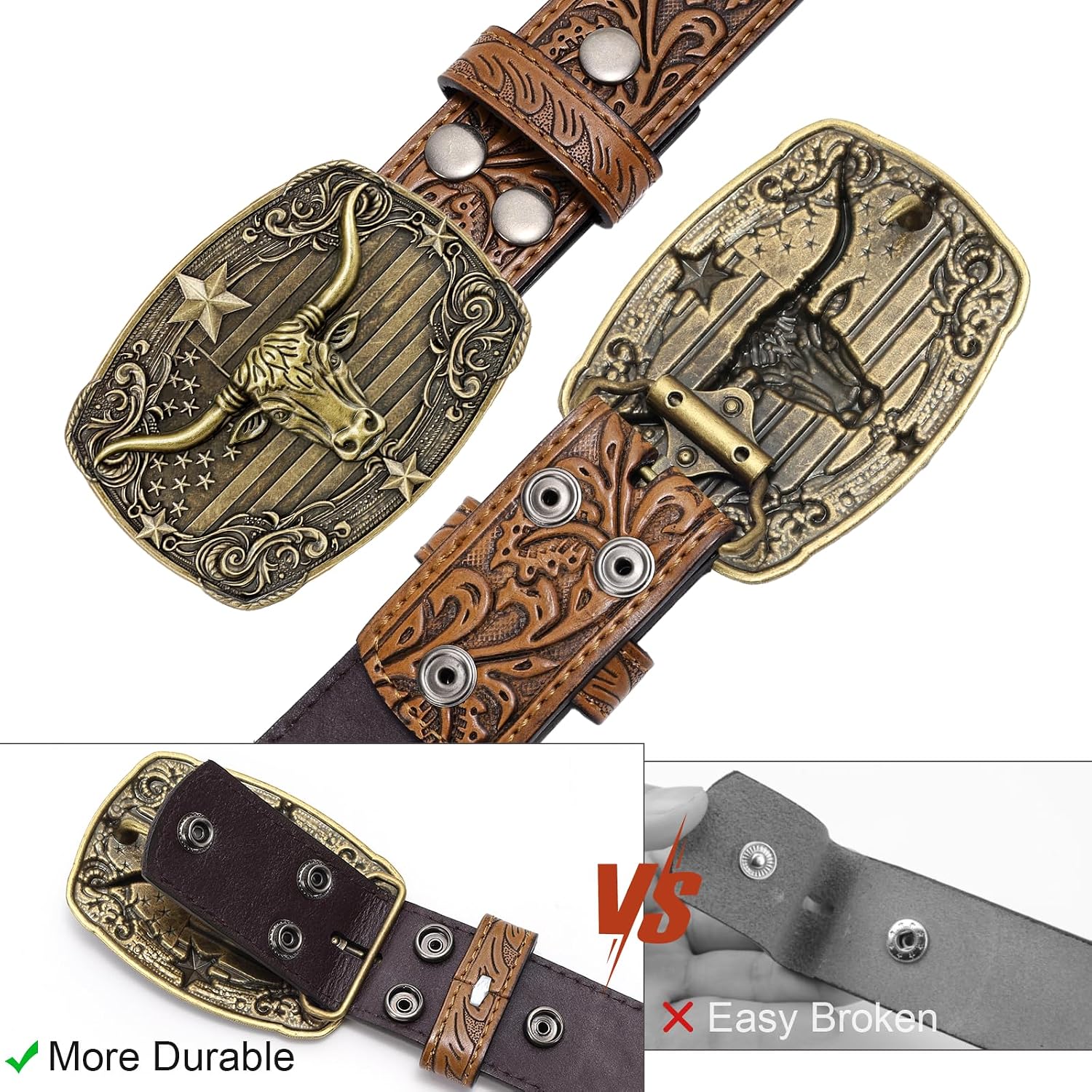 SANSTHS Western Cowboy Belts for Men Women, Mens Western Belt Bull Buckle Country Belt Cowboy Leather Belt for Jeans