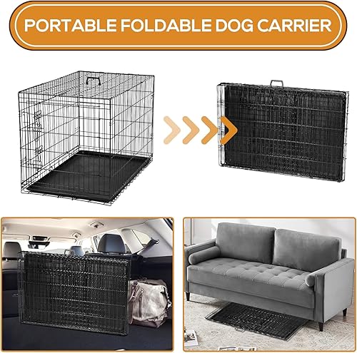 Miniatura 5 de Jaula de perro de 48 pulgadas para perros extra grandes, jaulas de metal con doble puerta, bandeja a prueba de fugas, plegable portátil para viajes