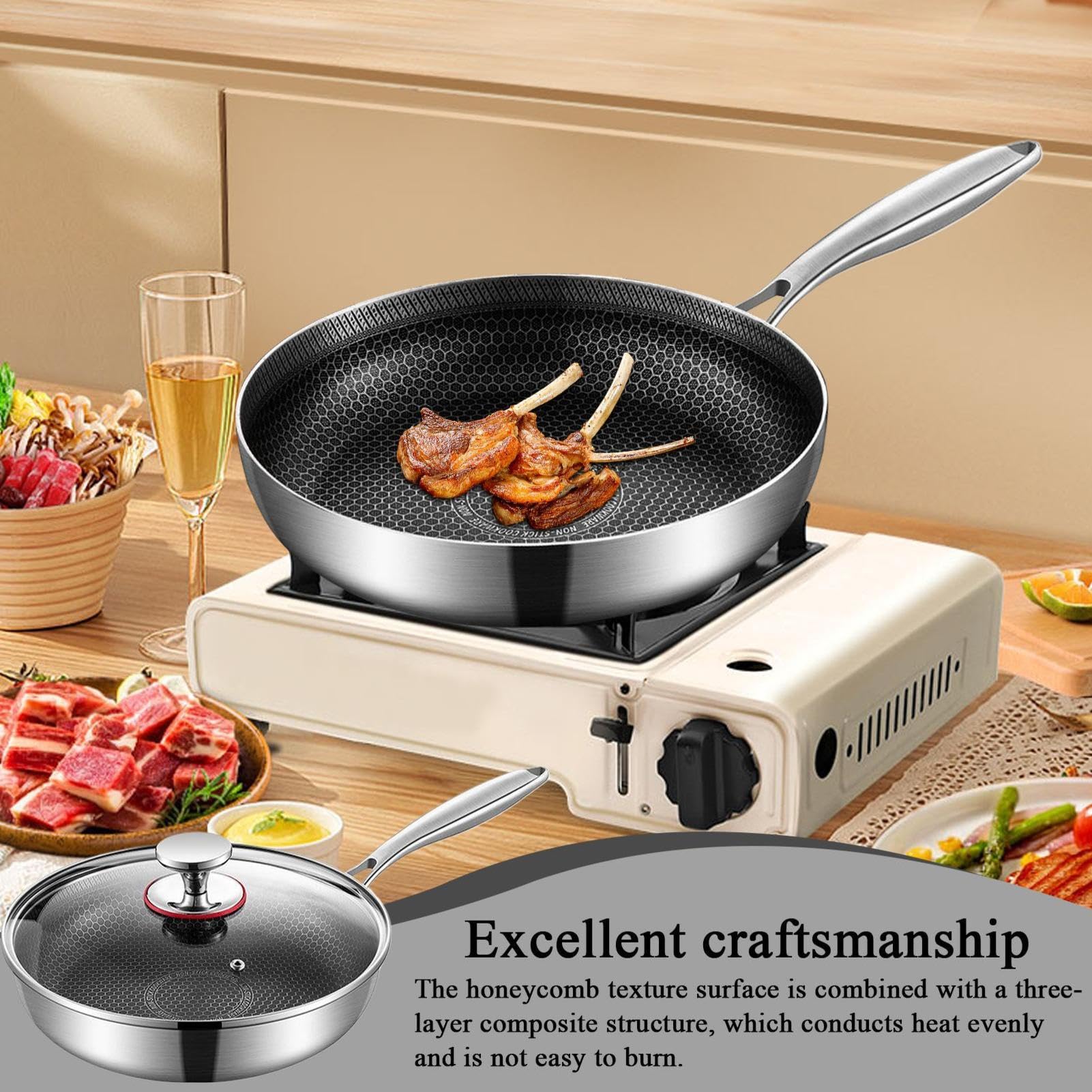 Antihaftbeschichtete Bratpfanne – Hitzebeständiger Edelstahl | Spülmaschinenfest | Mit Deckel | Ideal Für Hausmannskost, Camping, Grillen, Fleisch Und Fisch