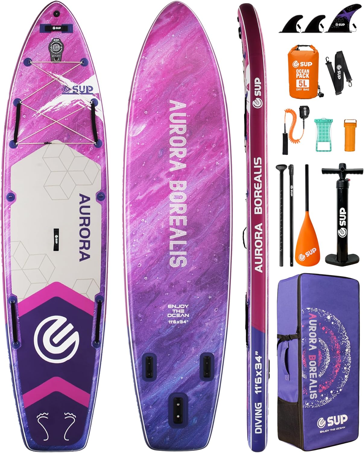 ESUP 11’6 ×34″ Wide Inflatable Paddle Board with Premium SUP Paddleboard Accessories, Extra Stable Stand Up Paddle Boards for Adults/425lb/Family/Yoga/Beginner, with Shoulder Strap,Dual-Action Pump