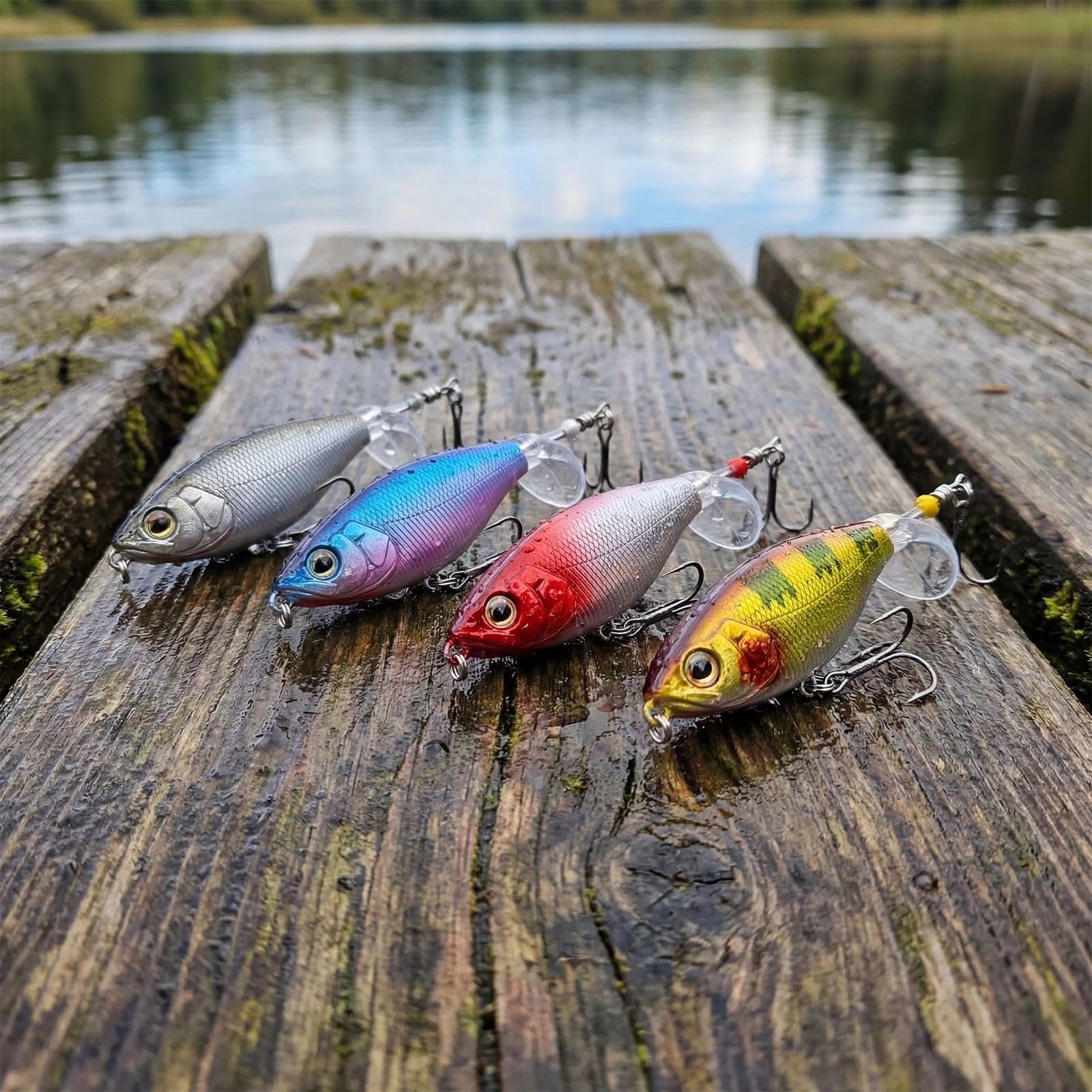 4 Pezzi Esche Artificiali Esche da Pesca Whopper Plopper Spigole esche Pesca Artificiali Spinning Mare con Coda a Spirale e Ami da Pesca Punte per Pesce Gatto Bass Pike (8 cm/10 g)