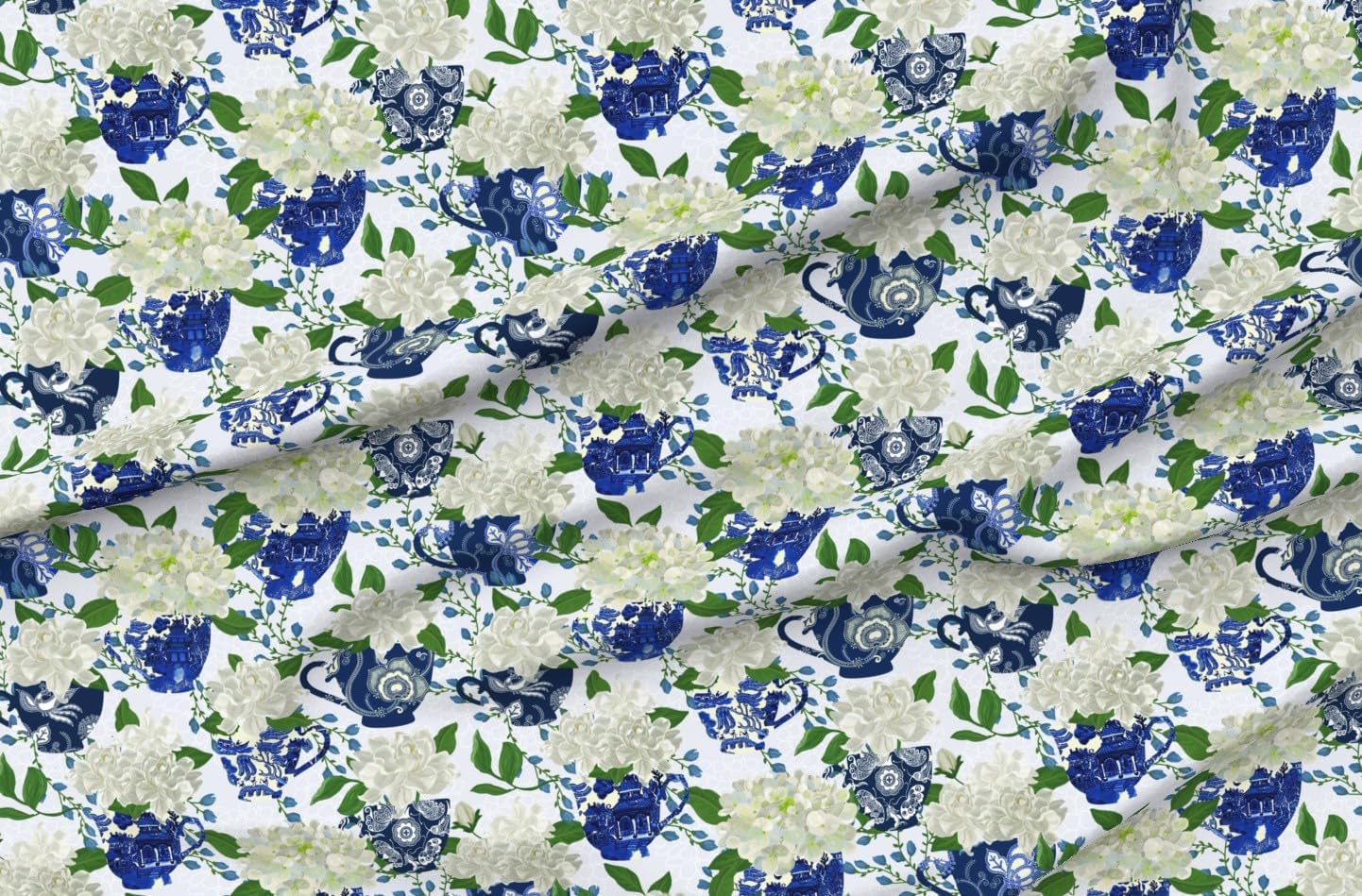 Spoonflower Fabric - Floral Chinoiserie Tea Cups Asian China Traditions Flowers Spring Printed on Petal Cotton Fabric Fat Quarter - Sewing Quilting Apparel Crafts Decor