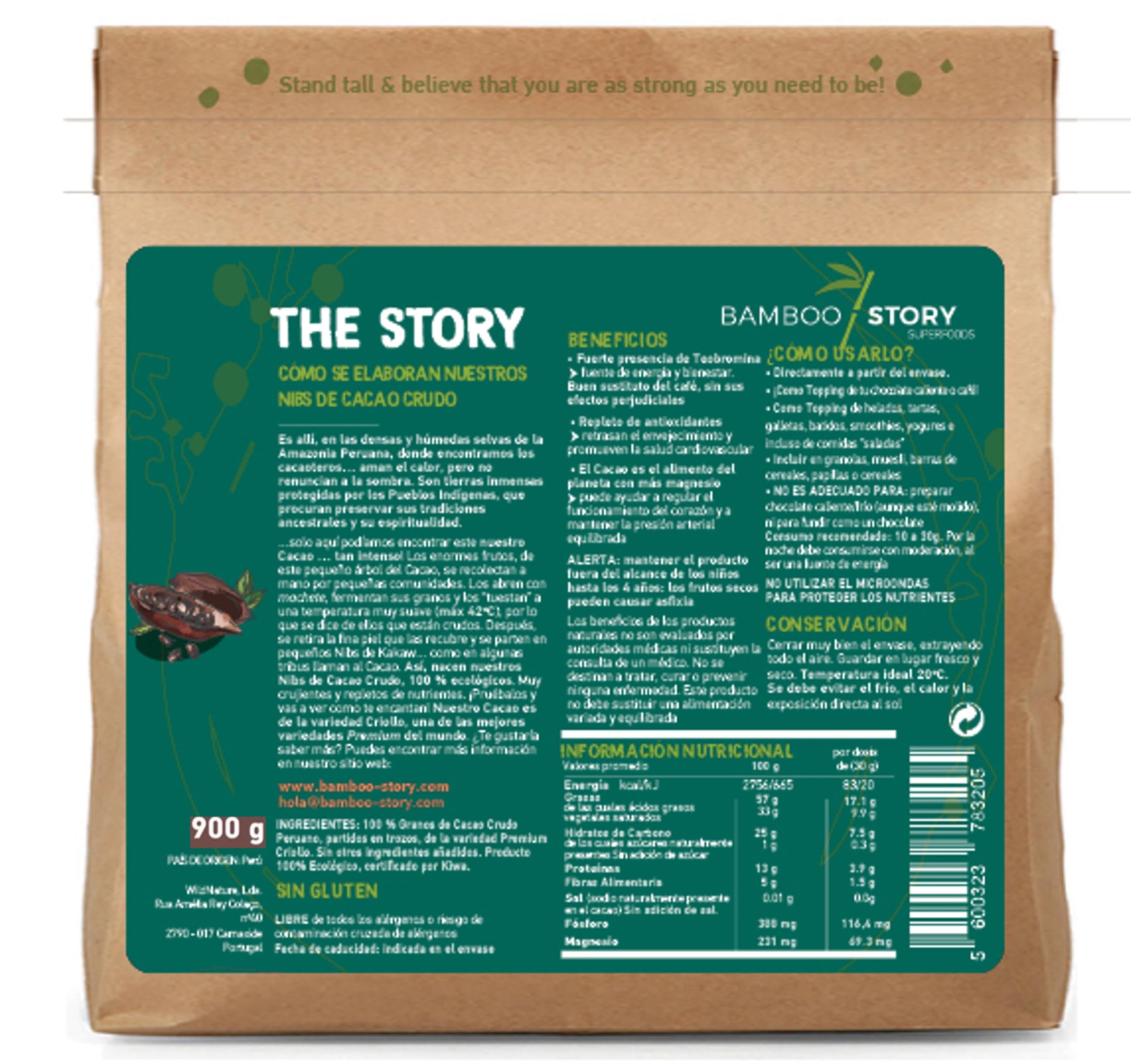 BAMBOO STORY | Nibs de Cacao 900 g | Crudo y Bio | 100% Perú | Criollo | Sin Azúcares Añadidos | Vegano