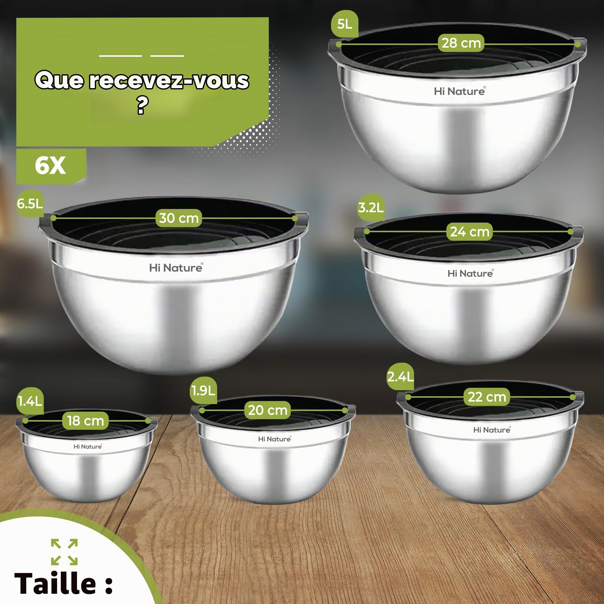 Hi Nature™ Lot de 6 bols mélangeurs avec couvercle en acier inoxydable - Antidérapant et empilable - Passe au lave-vaisselle - Bols de 1,4 l/1,9 l/2,4 l/3,2 l/5 l/6,5 l