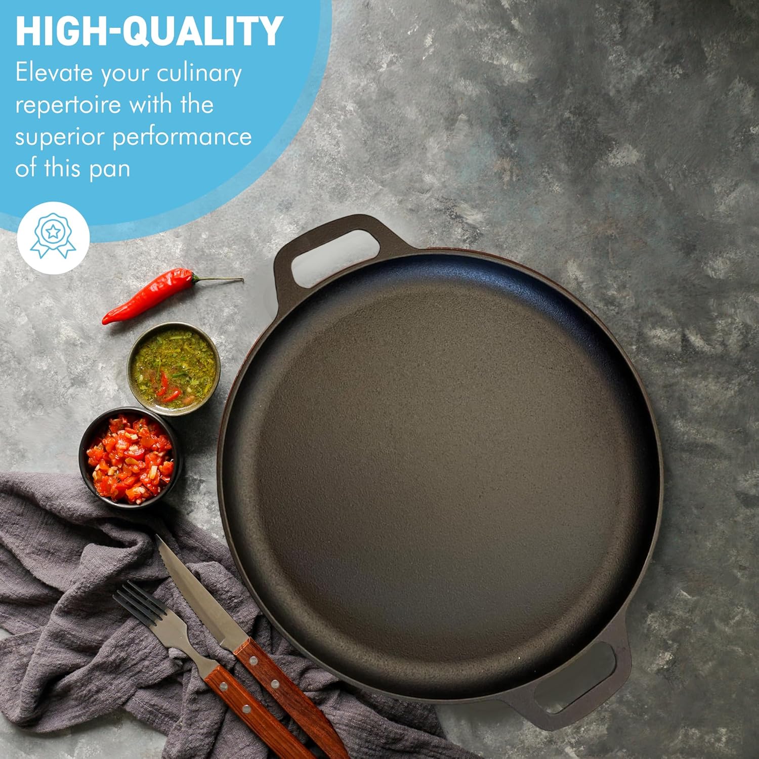 Thorness Black Cast Iron 14” Pizza Pan | Skillet for Cooking | Baking and Grilling | Long Lasting and Durable | Even Heating, 31621