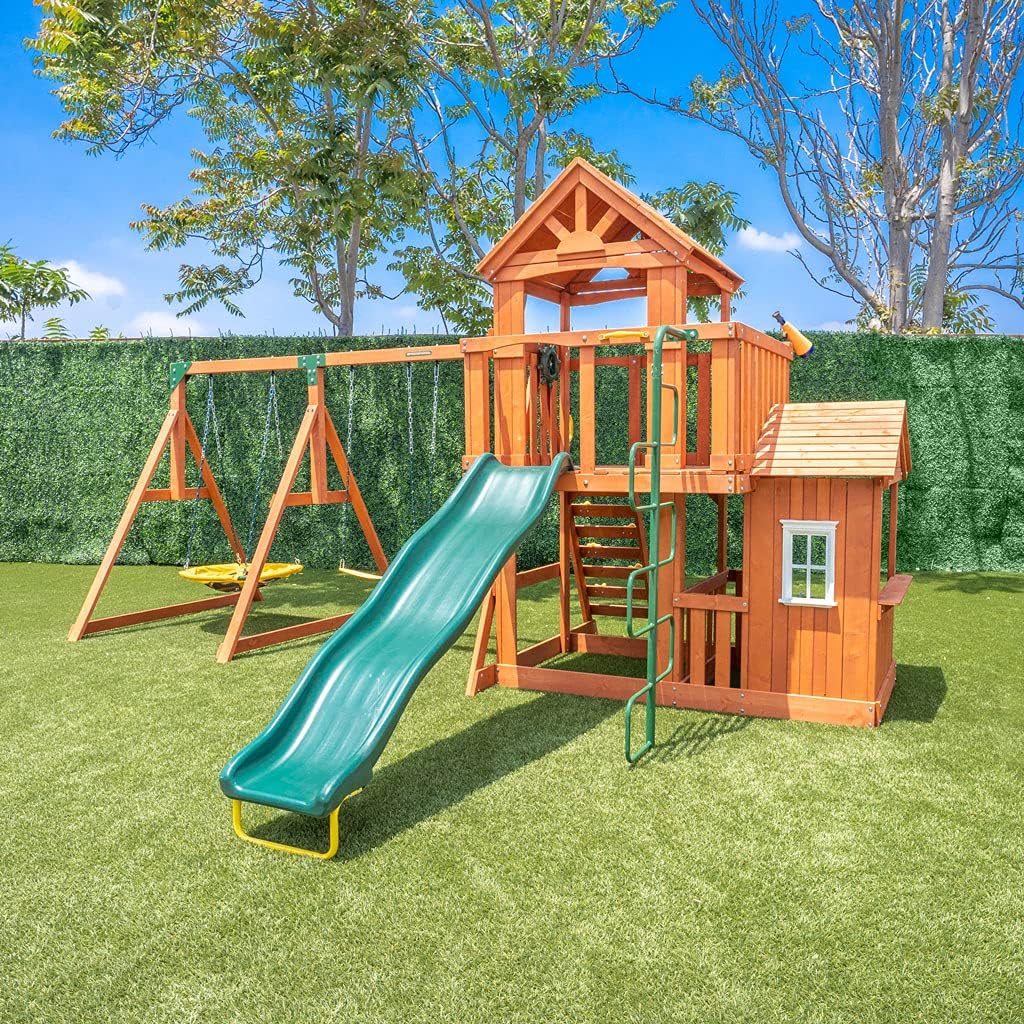 Sportspower Sandalwood Wood Swing Set with 3 Swings and Slide, Brown/Green/Yellow (WP-752R) : Everything Else