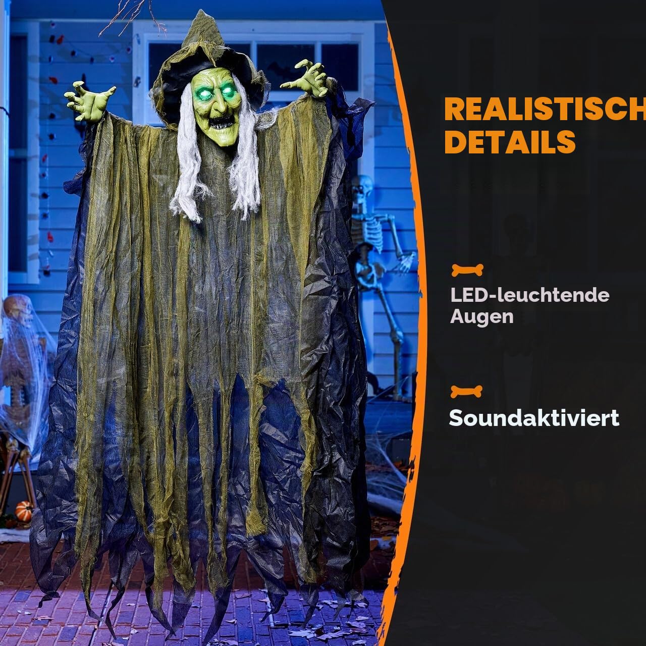 JOYIN Halloween Hexen Dekoration zum Aufhängen, 170 cm, braunes zerlumptes Gewand, mit Licht und Ton (durch Ton aktiviert), gruselige, animierte Halloween Dekoration für Party-Requisiten im Freien