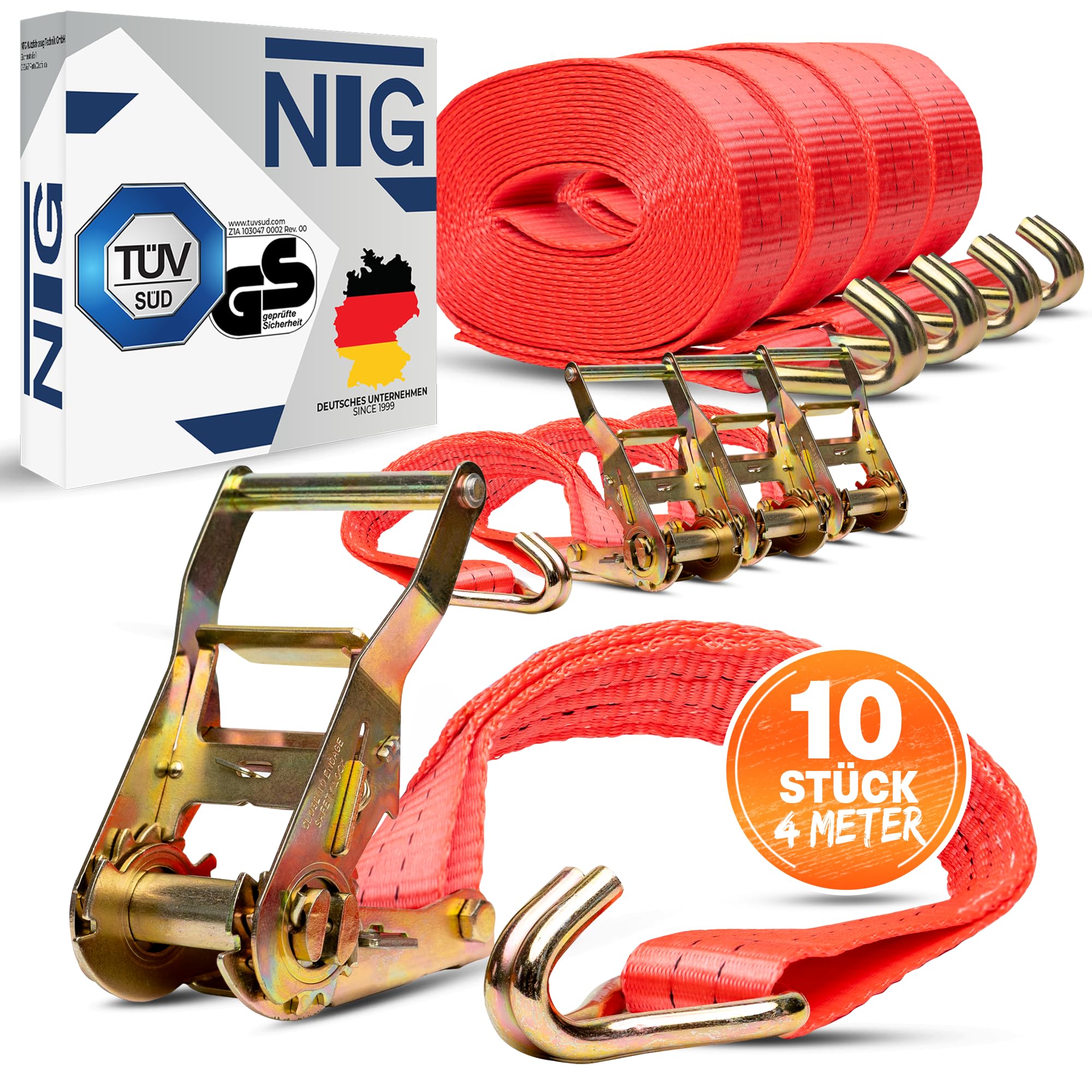 NTG 10 x 2000 kg daN 4 m pas mocujący pas z grzechotką, 2-częściowy, DIN 2t