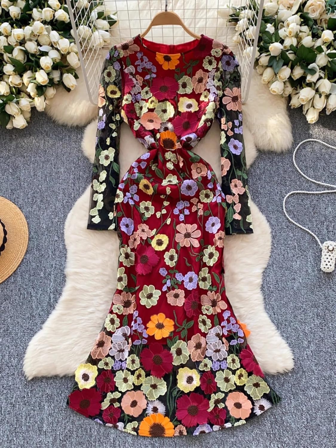 Womens Dress Spring French Heavy Flower Embroidery waisthugging Slim Fishtail