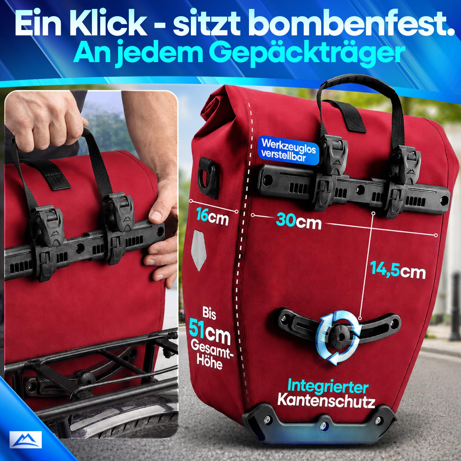 Nextcover® Borsa da bicicletta per portapacchi [AquaShield-TPU], 100% impermeabile, con sistema a clic e chiusura a rotola, borsa riflettente per bicicletta, con tracolla, borse per bicicletta