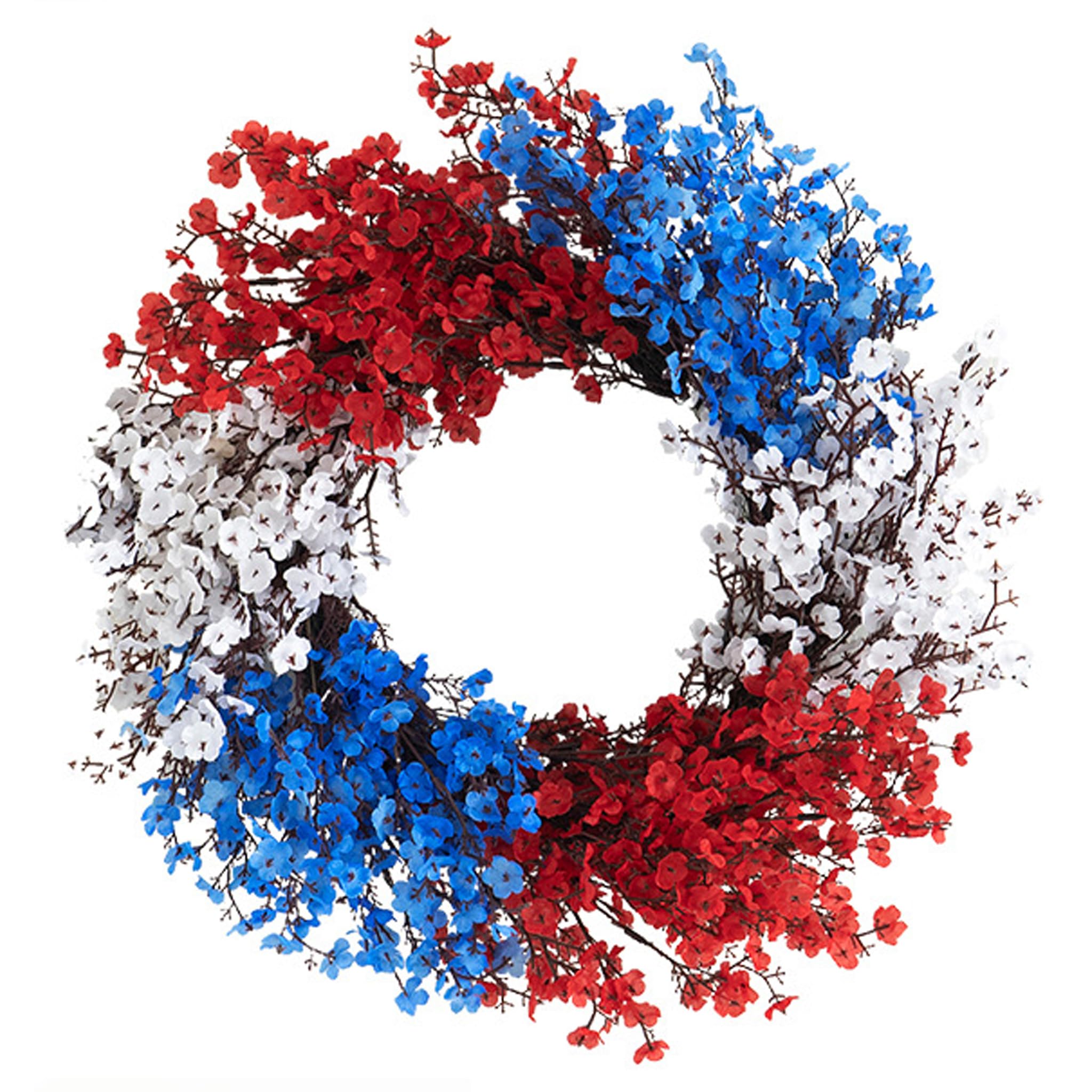 Goutdori 16 Inch Artificial Red White & Blue Patriotic Door Wreath 4th of July Decor for Door Wall Window Fireplace