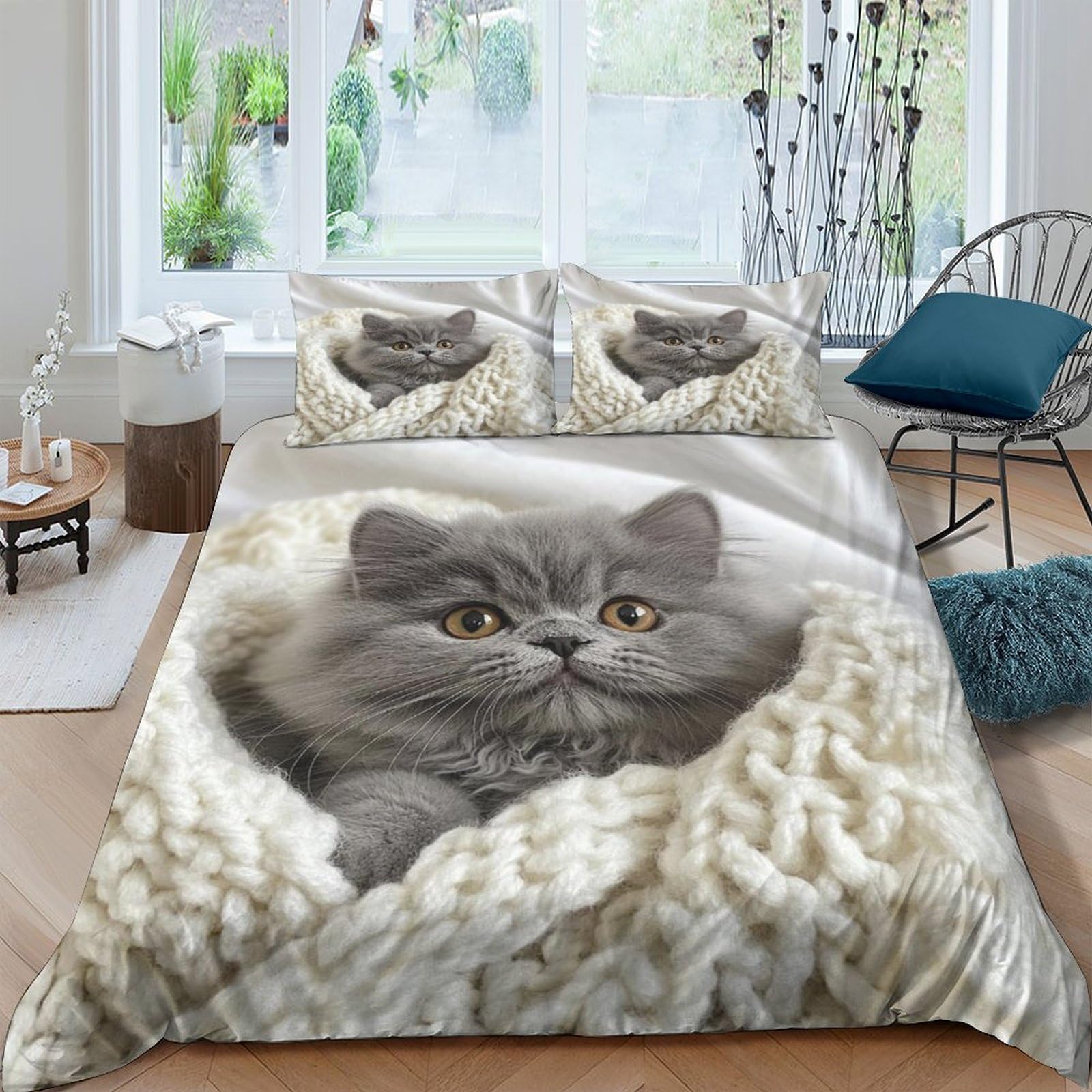 GPLZQXKJNH 3D Printed Fluffy Grey Cat Duvet Cover Microfiber Soft Breathable Cozy Kitten Bedding Set with 2 Pillowcases for Bedroom Decor Single（135x200cm）