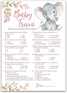 PINK ELEPHANT Baby Shower Game — BABY TRIVIA Game — Pack of 25 — Fun Baby Facts Game, GIRL Baby Shower Game, Pink Floral Baby Elephant Baby Shower Activity, Baby Trivia Baby Shower Game, SKU G530-TRV