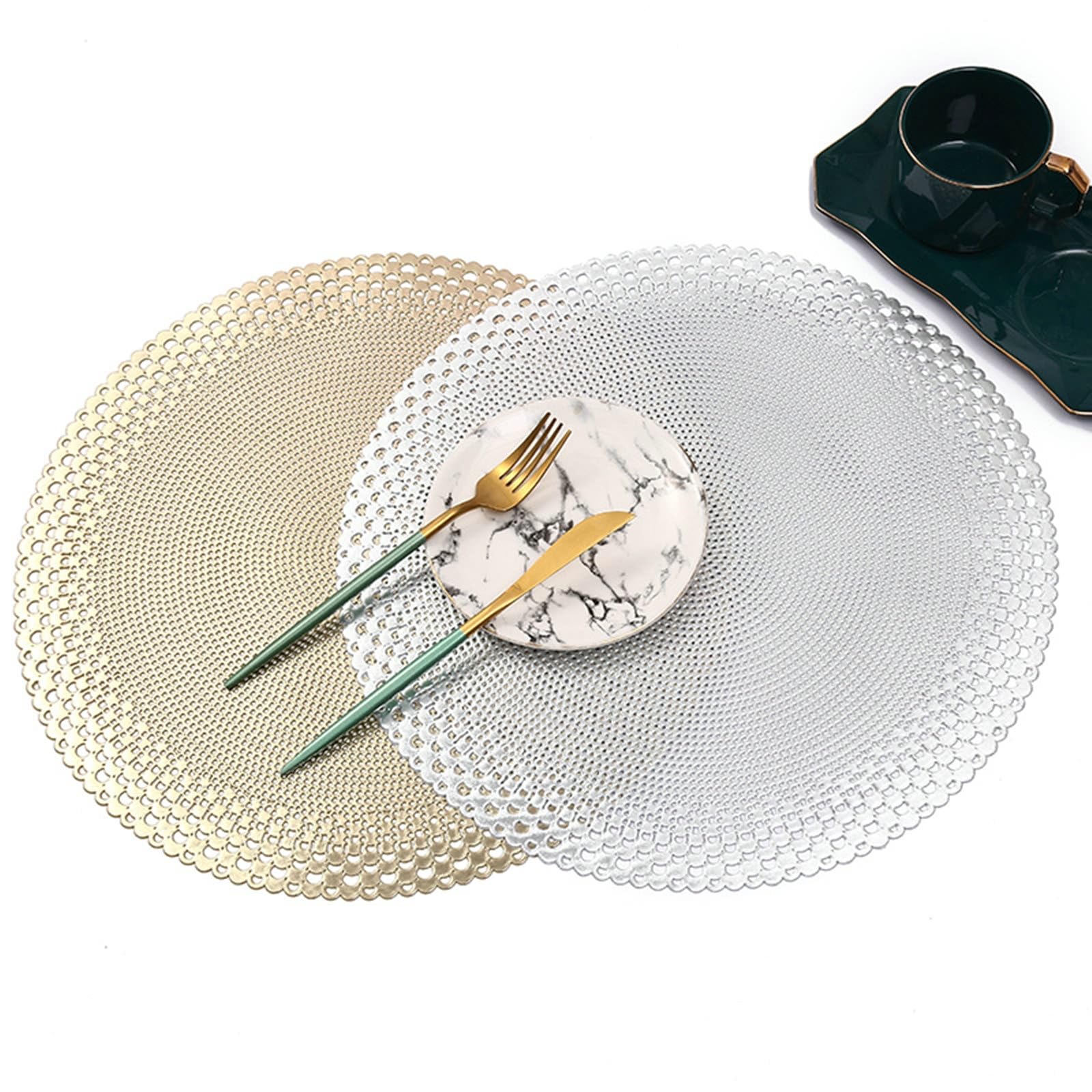 Juego de 10 manteles individuales de PVC con un paño, huecos, redondos, lavables, diseño para mesa, bar y cocina, dorado, 38 cm