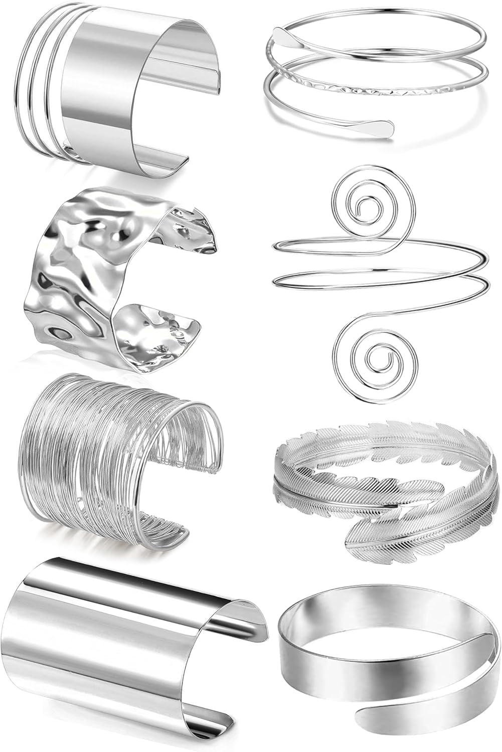 EIELO 8Pcs Arm Cuff Bracelet Set Minimalist Simple Swirl Open Wide Wire Upper Arm Band Bangle Bracelets for Women Adjustable