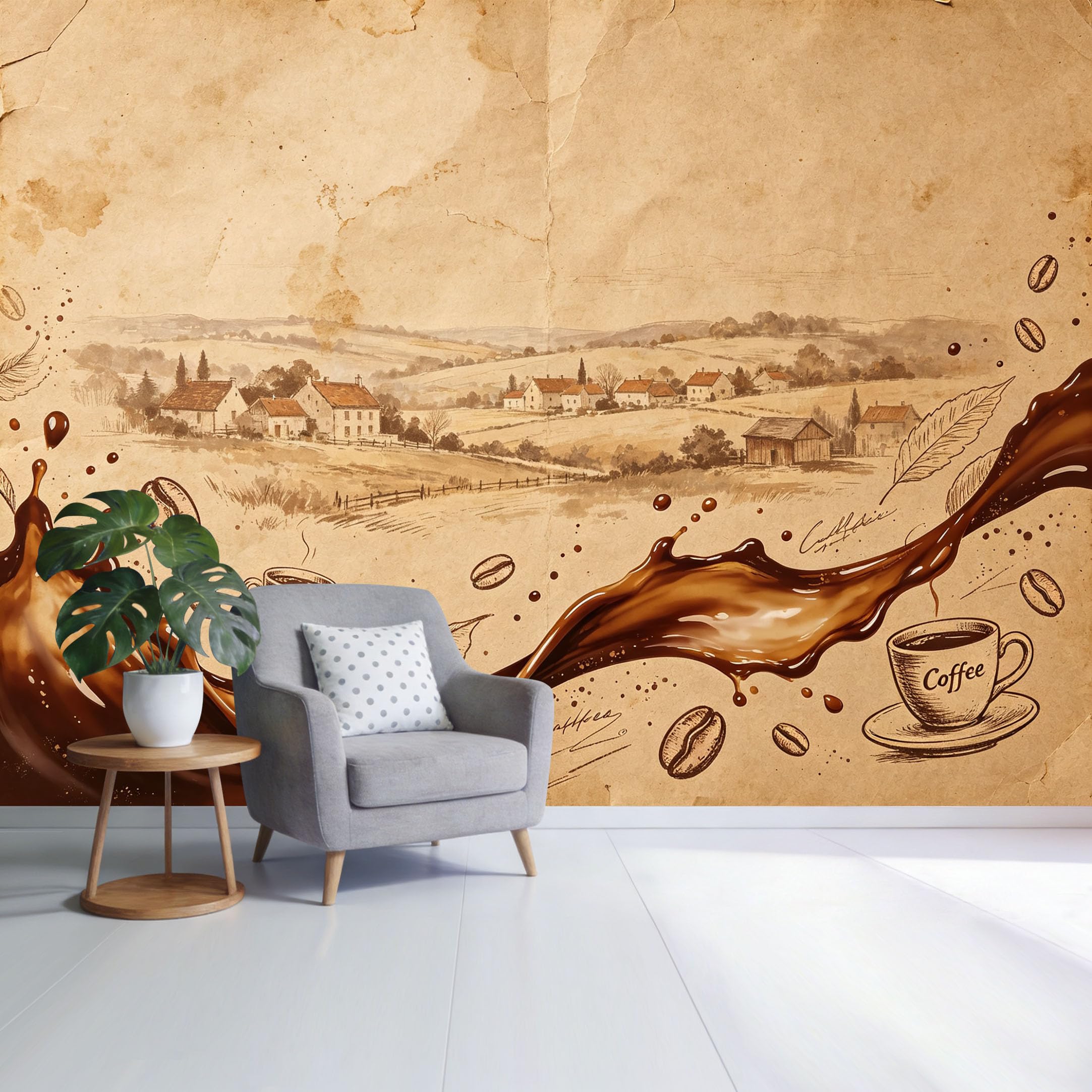 Custom Size Wall Mural Vintage Coffee Splash Farmhouse Landscape Illustration Brown Tones SelfAdhesive Wall Fabric Removable Wallpaper for Home Office Decor