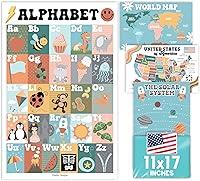 Vista 10 de 4 carteles del alfabeto, mapa de Estados Unidos, mapa del mundo y sistema solar, gráficos ABC laminados para decoración de pared de niños pequeños