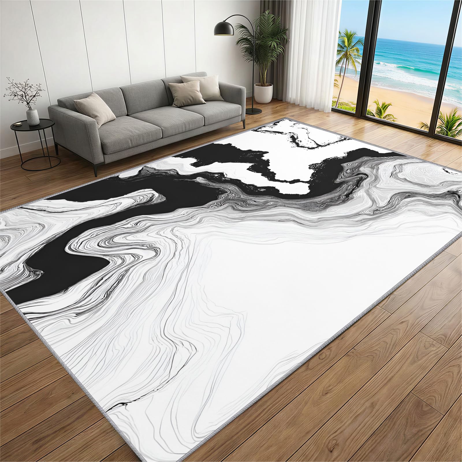 BEQUTIY Abstract Marble Rug 180 x 240 cm,Black White Area Rug, Casual Minimalist Rugs Low-Pile, Washable Carpet, For Bedroom, Sitting, Fireside and Lounge — image 1