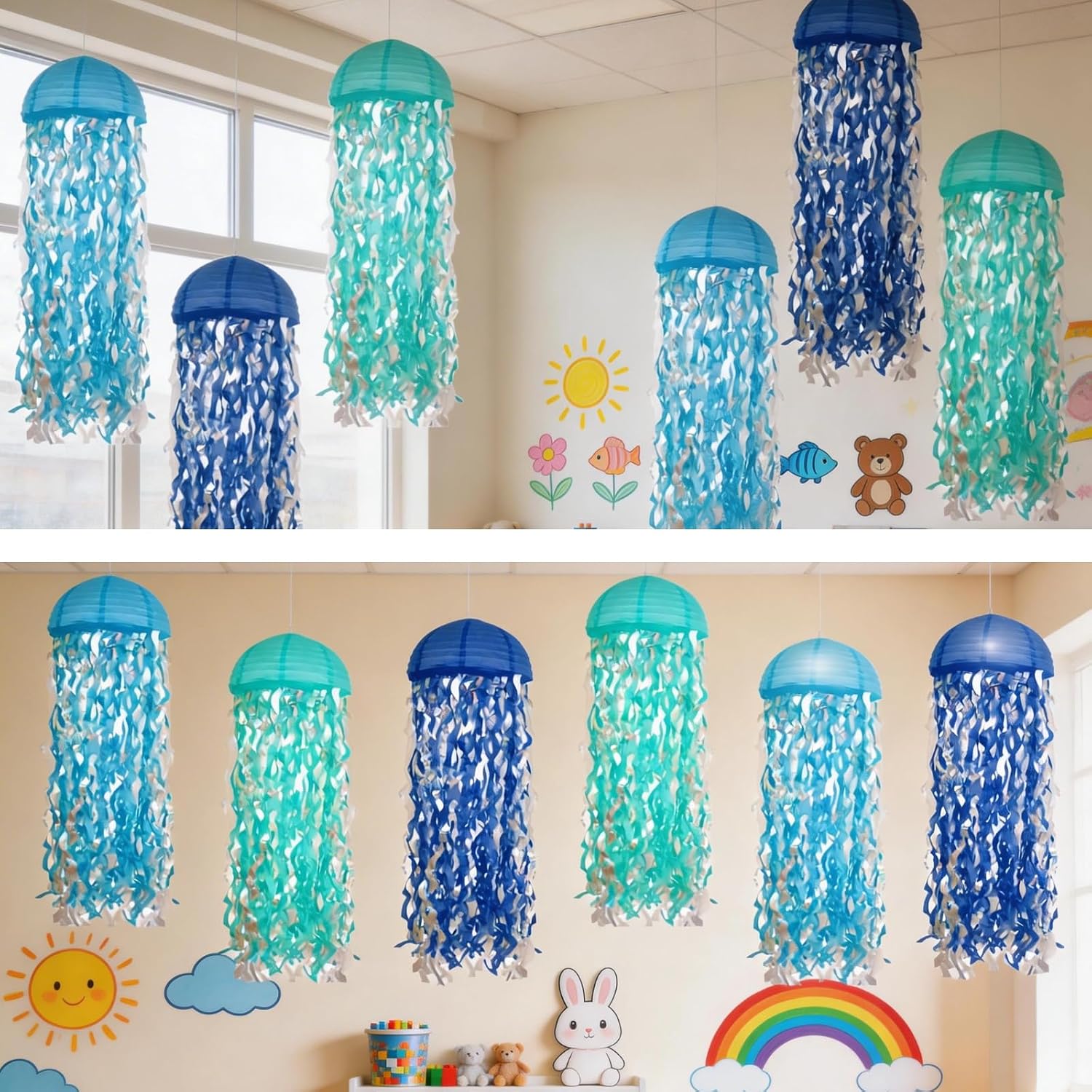 Jellyfish Paper Lanterns with LED Lights Set of 6, Blue Mix Dome | Hanging Floating Decorations for Under the Sea Party Mermaid Birthday Ocean Classroom Beach Room Aesthetic