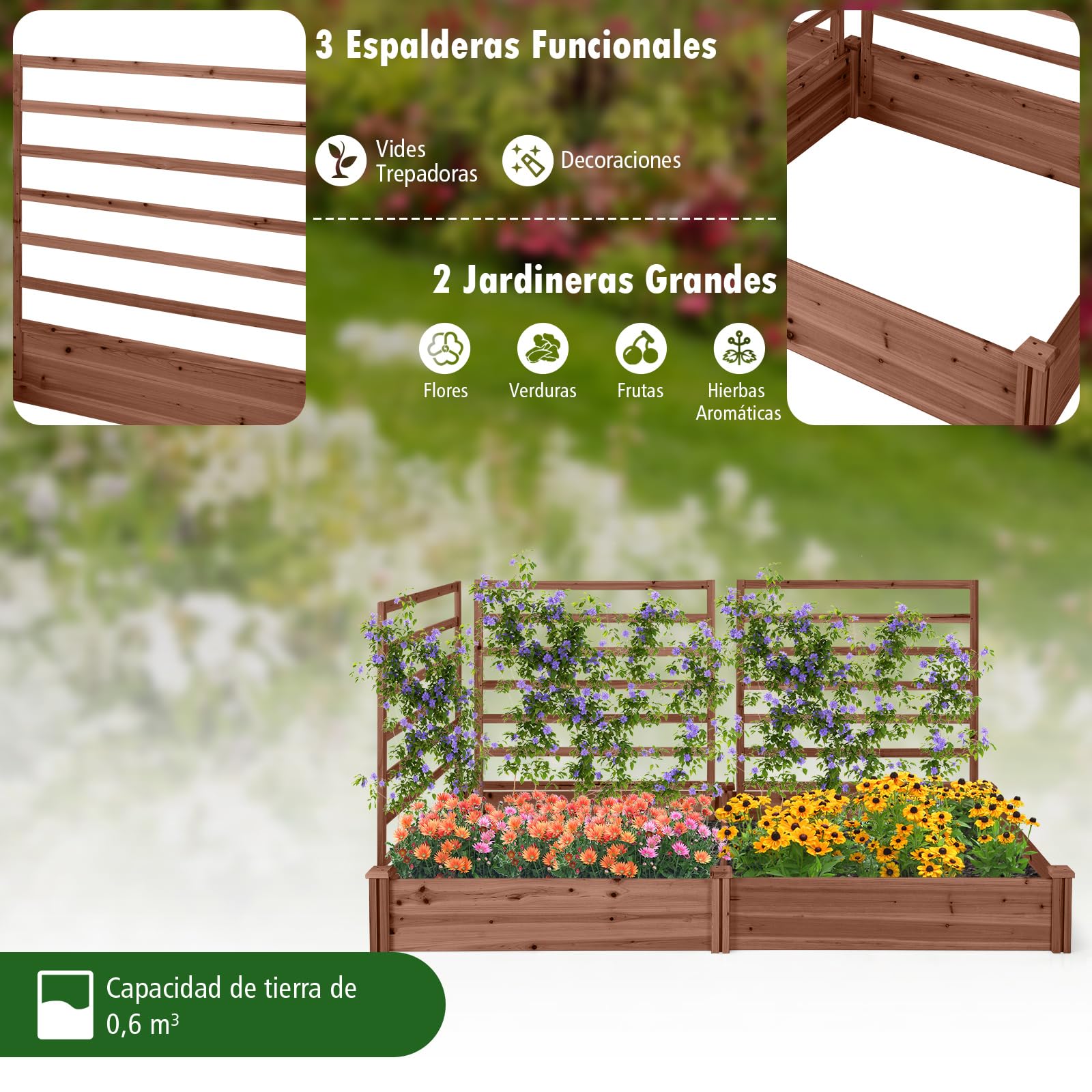 COSTWAY Jardinera con Enrejado, Cama Elevada de Jardín con 2 Maceteros y 3 Enrejados, Kit de Macetero de Madera para Exteriores, Macetero Elevado para Patio de Jardín, 222 x 114 x 110 cm (Marrón)