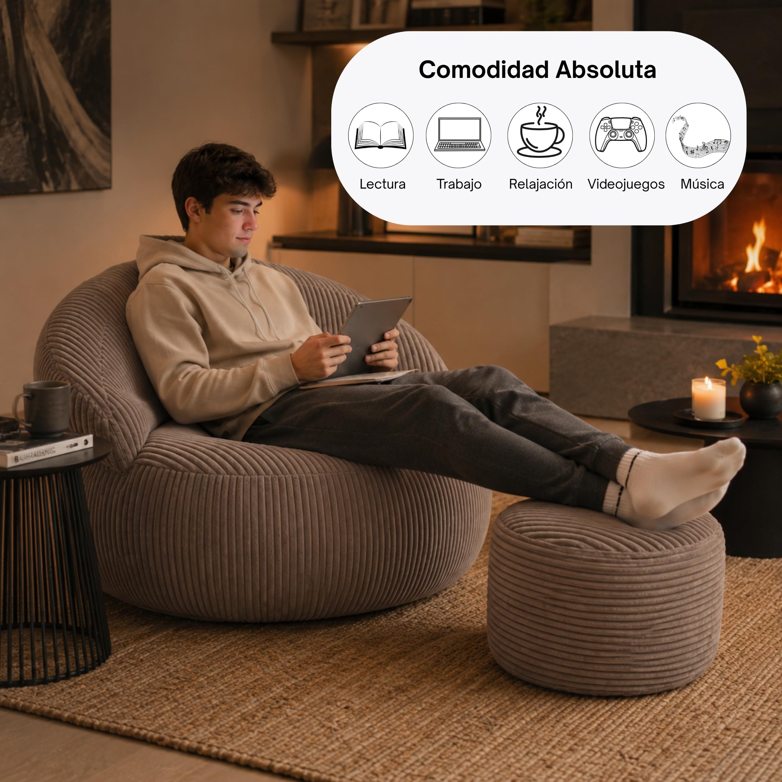 bananair – Puff Sillón para Salón y Dormitorio en Pana con Reposapiés - Puff Sillón XXL Suave - Funda Lavable - Ideal para Salón y Dormitorio, Adultos y Adolescentes (110 × 100 cm, Marrón)