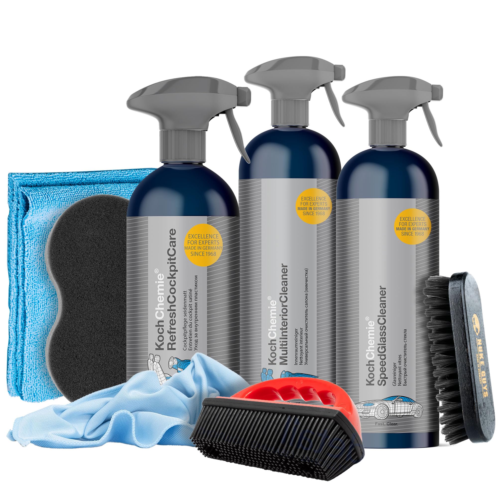 detailmate Fahrzeug Innenreinigung Set: Koch Chemie Refresh Cockpit Care 0,5L + Multi Interior Cleaner 0,75L + Speed Glass Cleaner 0,75L - Applikationsschwamm - Gummibürste - Mikrofasertuch