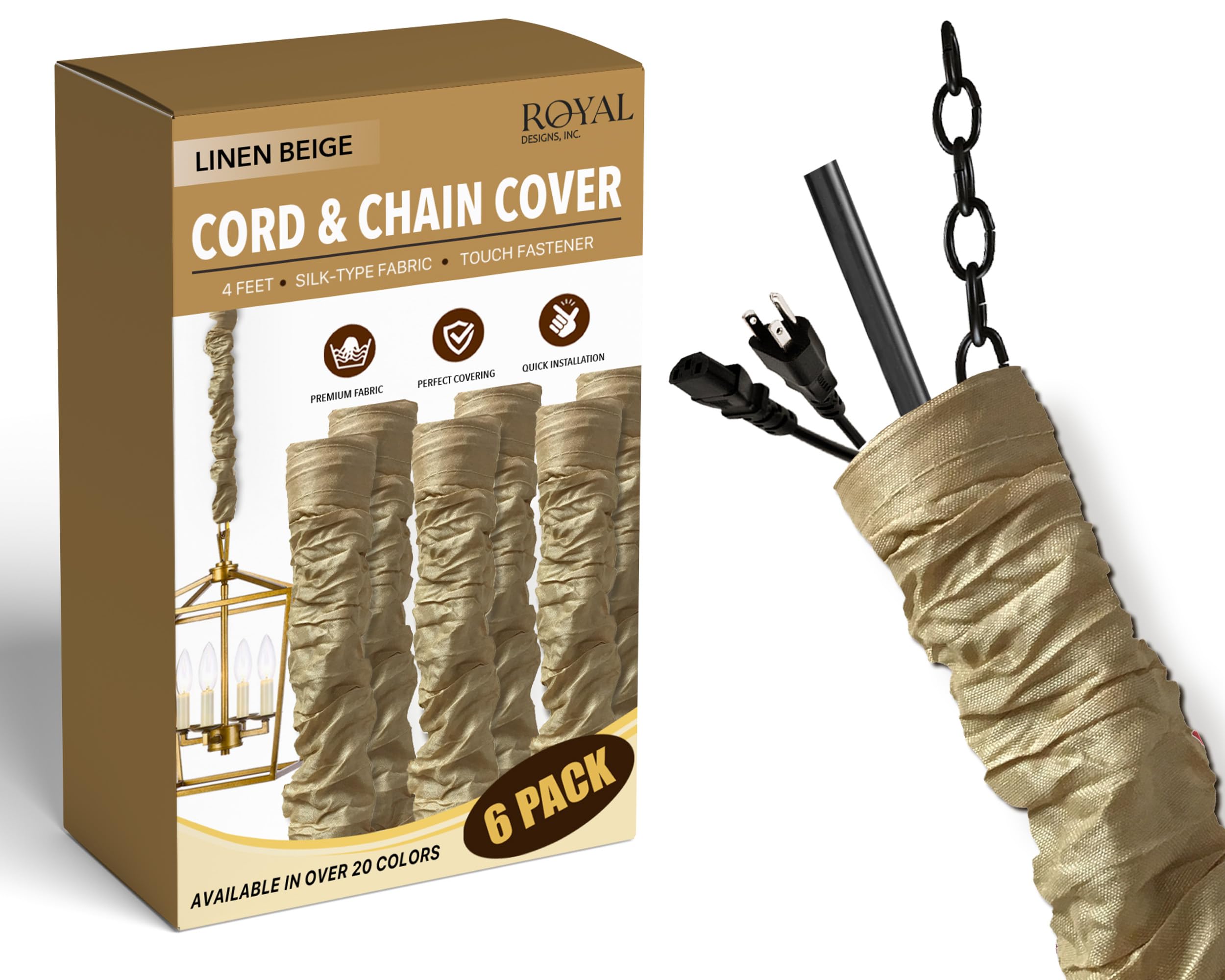 Royal Designs, Inc. Cord &amp; Chain Cover 4 ft Silk Type Fabric, Chandelier Pendant Lighting Chain &amp; Cable Management, Touch Fastener, Antique Gold - 6 Pack