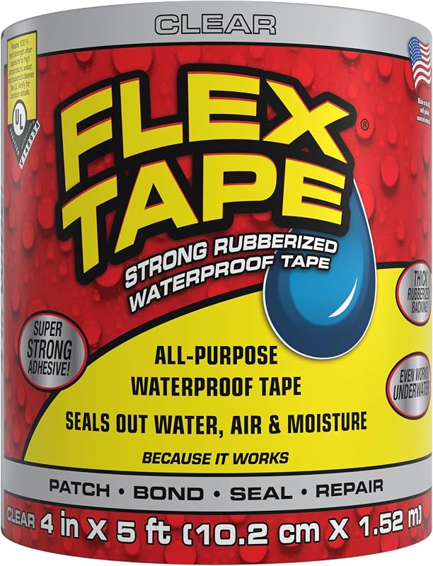Flex Tape, Original Thick Flexible Rubberized Waterproof Tape - Seal and Patch Leaks, Works Underwater, Indoor Outdoor - Home RV Roof Plumbing and Pool Repairs, Clear, 4 in x 5 ft, Pack of 1