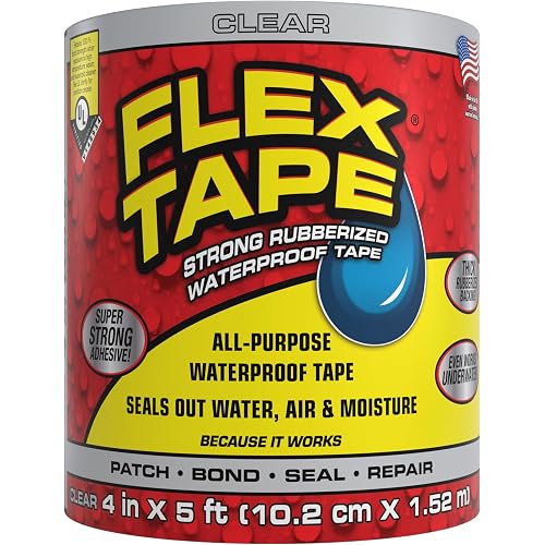 Flex Tape, Original Thick Flexible Rubberized Waterproof Tape - Seal and Patch Leaks, Works Underwater, Indoor Outdoor - Home RV Roof Plumbing and Pool Repairs, Clear, 4 in x 5 ft, Pack of 1