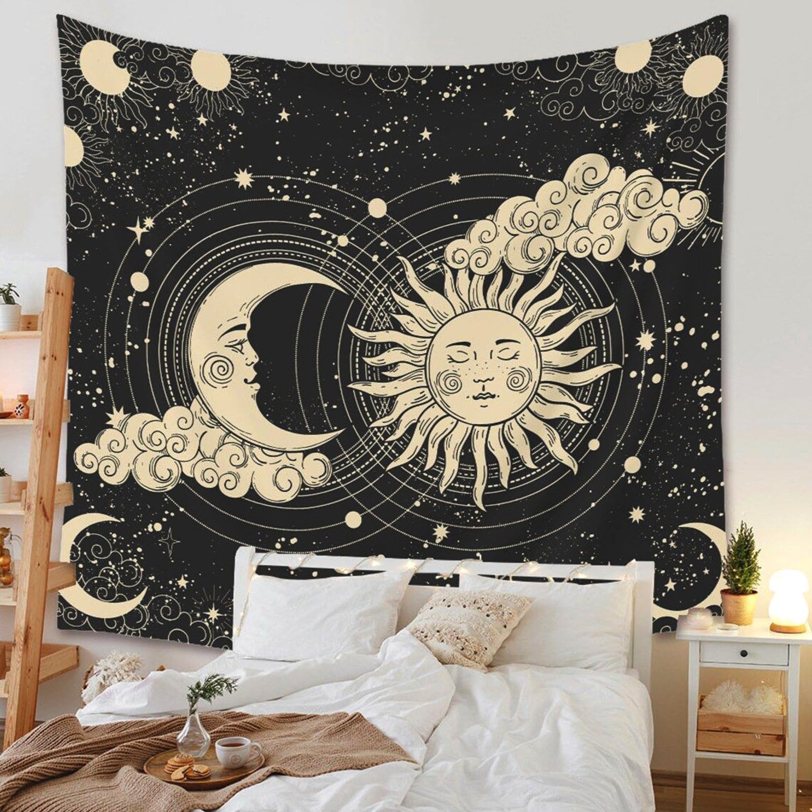 LNXSESN Arazzo da Parete Sole Luna Stelle Arazzo Camera da Letto Poliestere Arazzi a Muro Arredamento Casa Salotto Attaccatura a Muro Aesthetic Room Decor Arazzo da Parete Arredo Casa 150x200cm