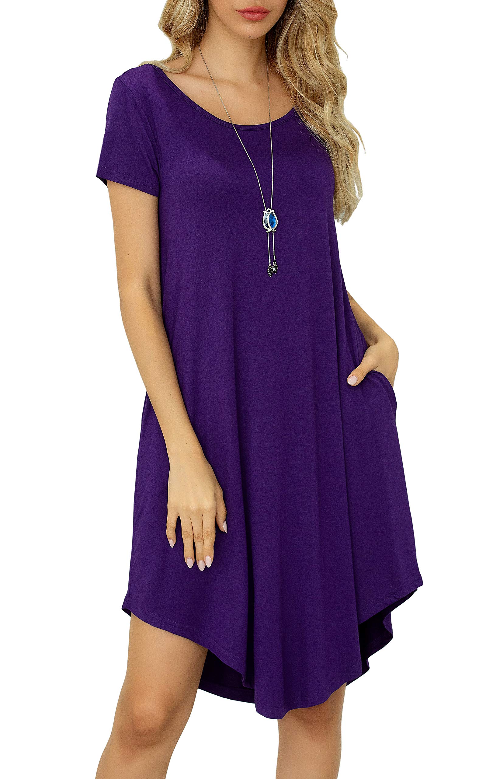 Women Casual Loose Soft Crewneck Short Sleeve Pockets Swing T-Shirt Dress