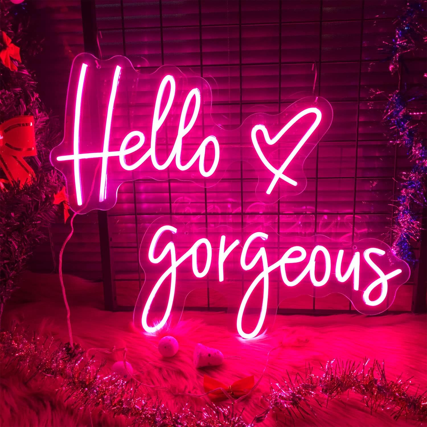 CiCiYours Hello Gorgeous Neon Light with Heart Pink LED Neon Signs for Girl Bedroom Home Wall Decor Outdoor Party Light 2 Parts Words Lights-"Hello" 16x9","Gorgeous" 16x7"