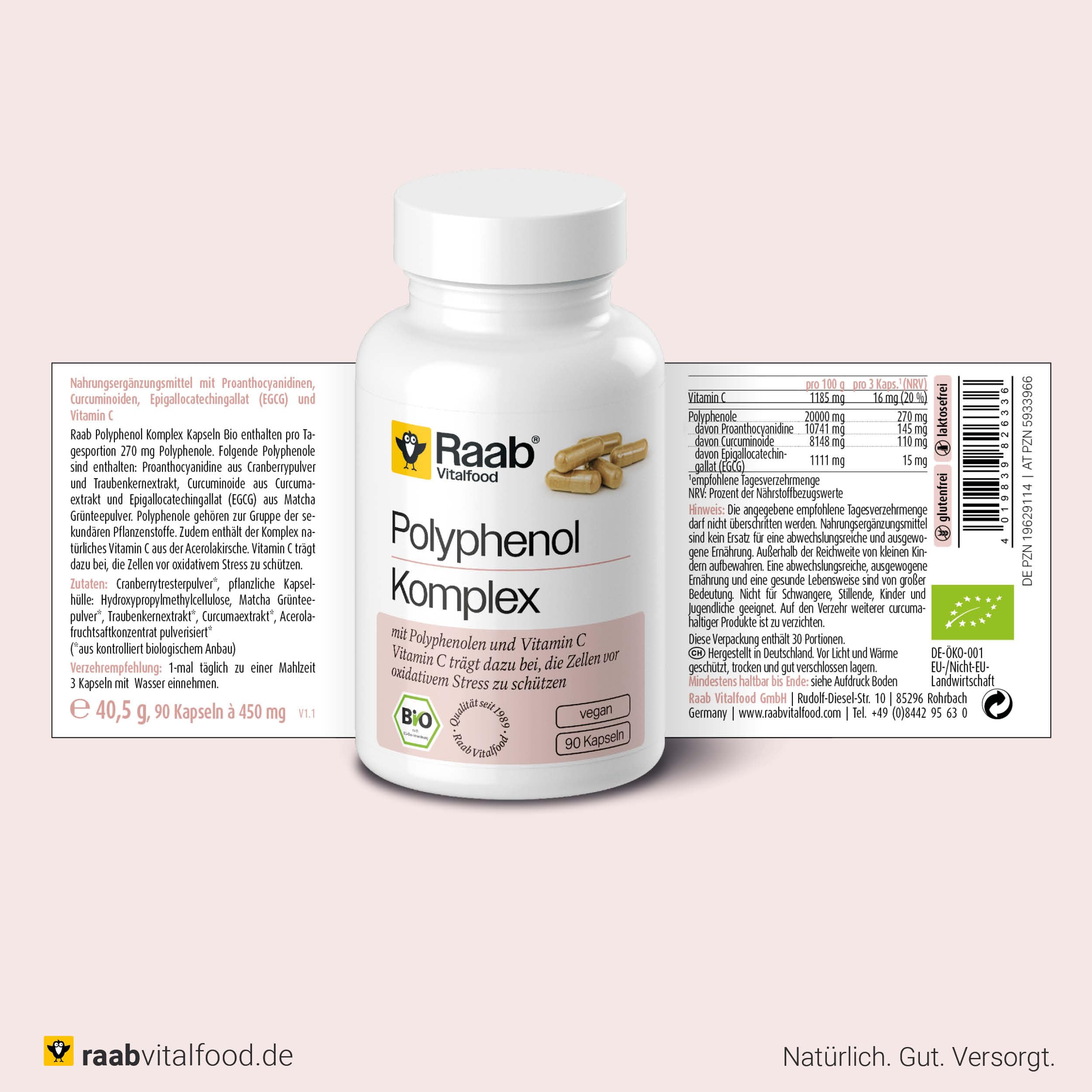 Raab Vitalfood® Bio Polyphenol Komplex Kapseln (90 Stück) - mit 270 mg Polyphenolen pro Tag und mit natürlichem Vitamin C aus Acerola, das dazu beiträgt, die Zellen vor oxidativem Stress zu schützen.