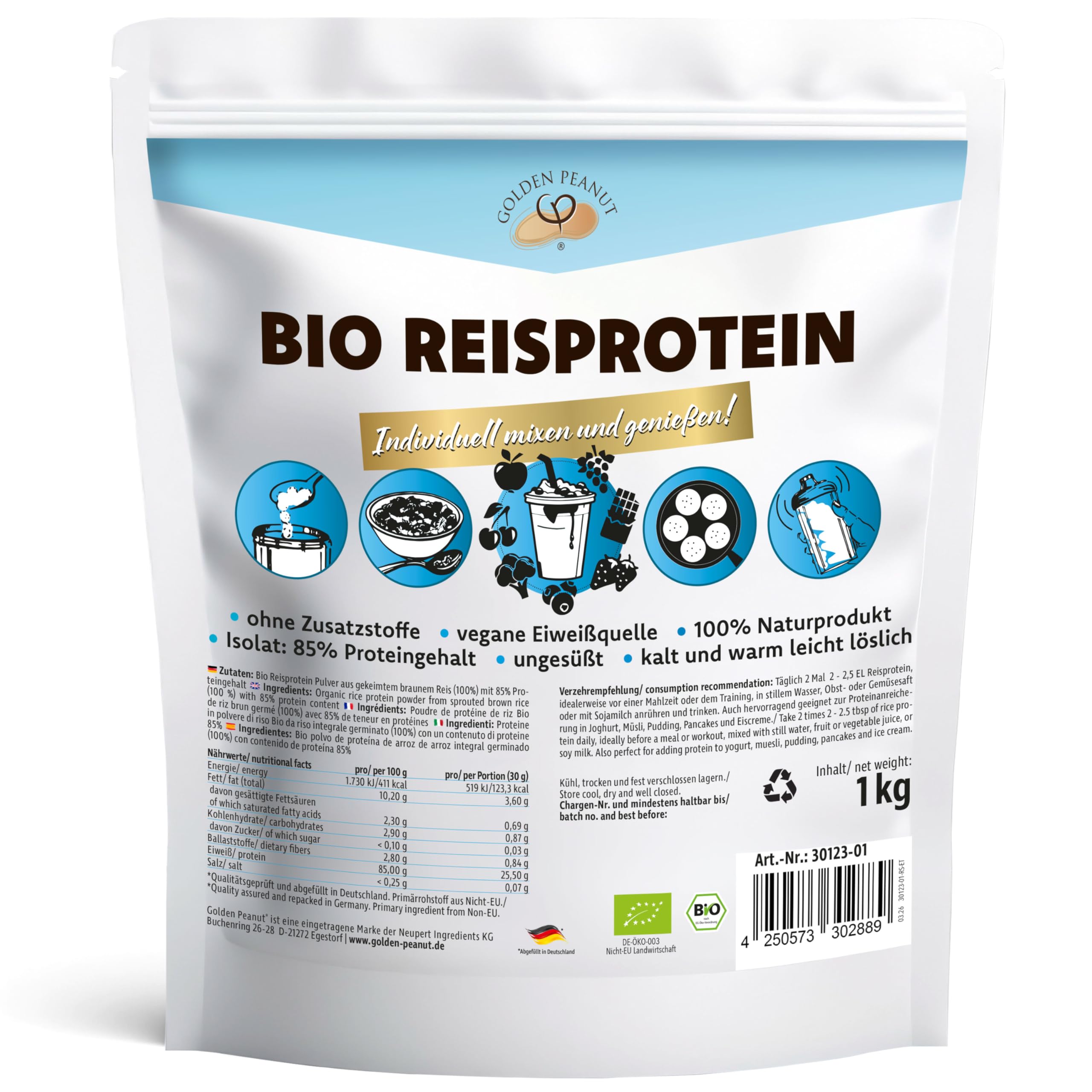 Sportline Bio Reisprotein 1 kg, 85% hoher Eiweiß Gehalt, pflanzliches Protein pur aus braunem Reis gekeimt